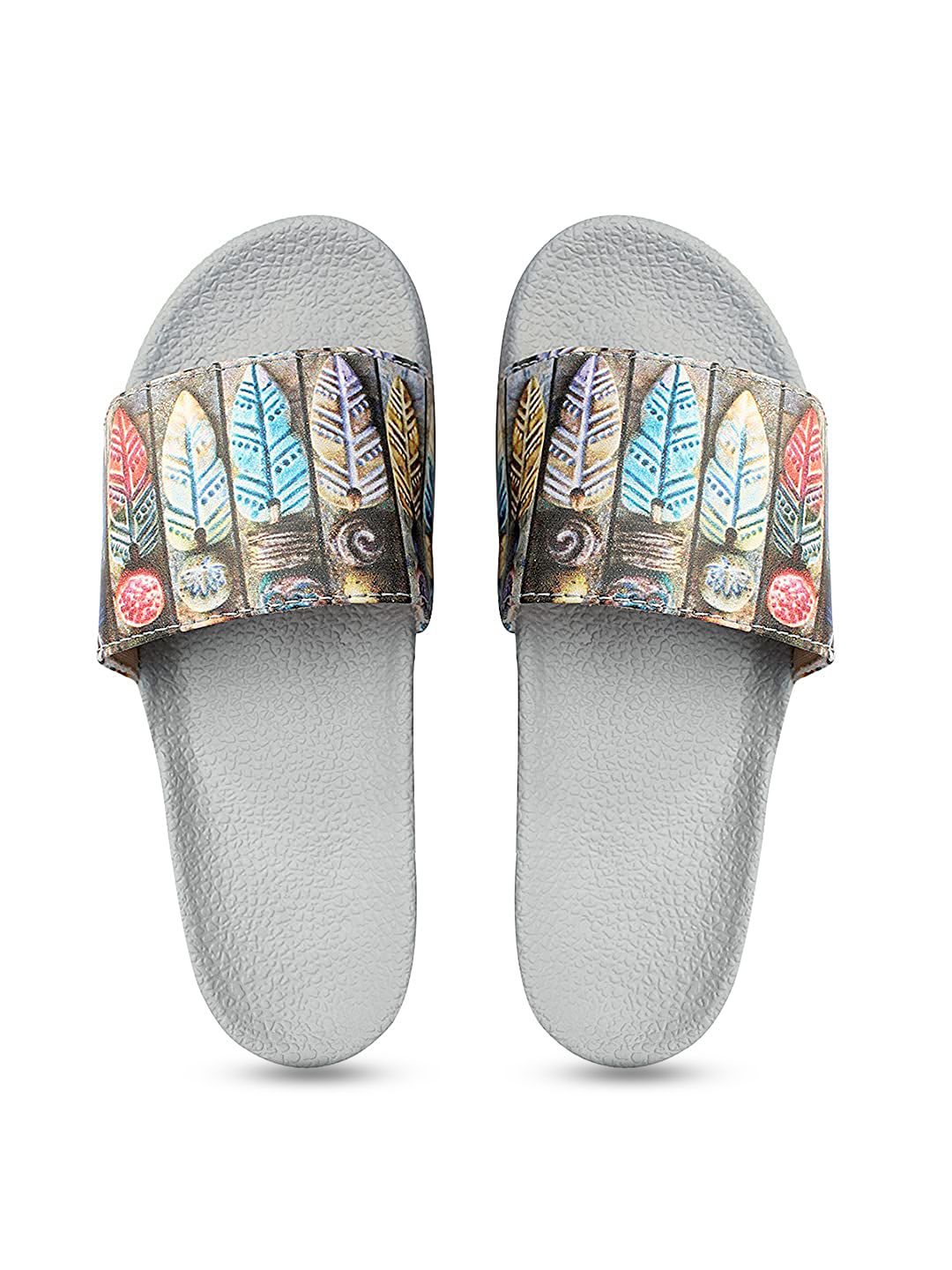 ADIVER Women Grey & Blue Printed Sliders Price in India