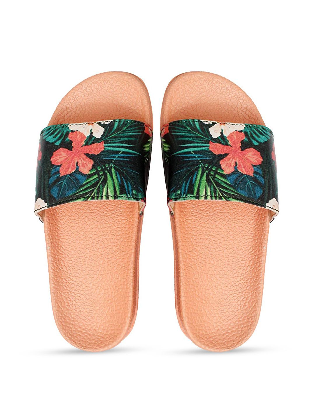 ADIVER Women Pink & Green Printed Sliders Price in India