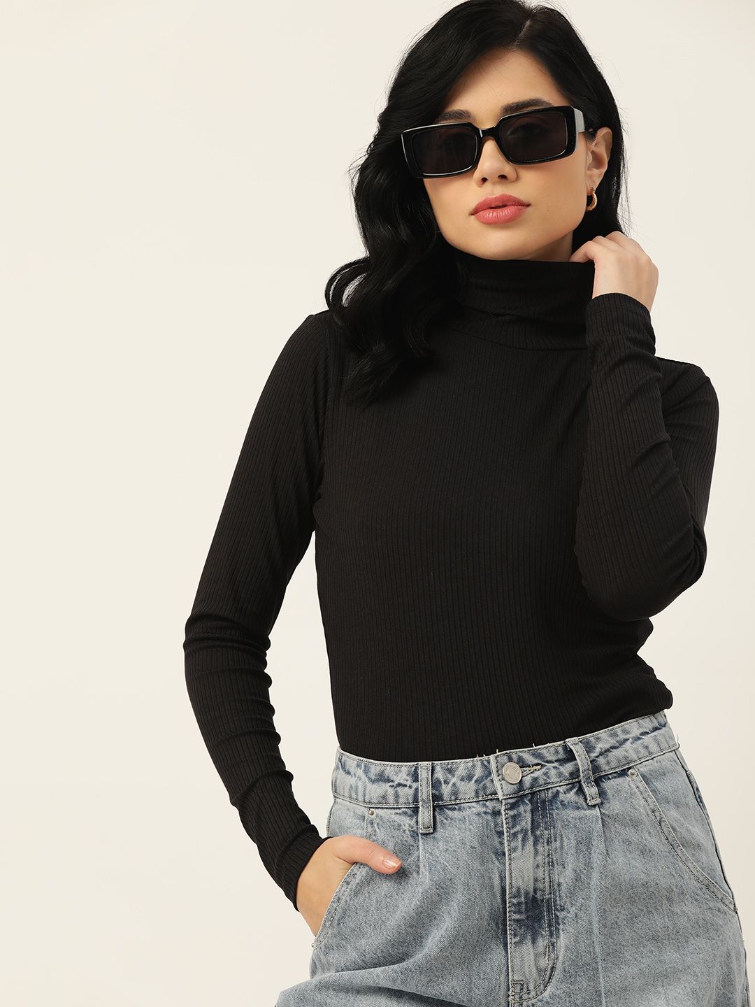 DressBerry Black Self-Striped High-Neck Fitted Top Price in India