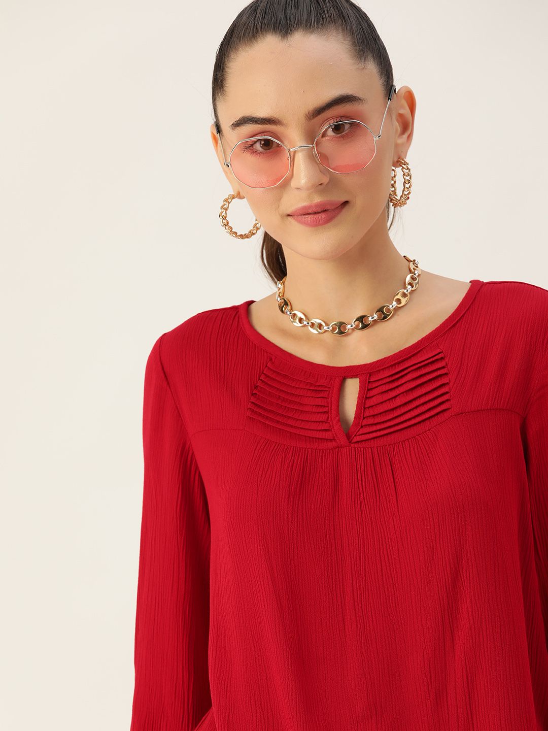 DressBerry Red Keyhole Neck Woven Top Price in India