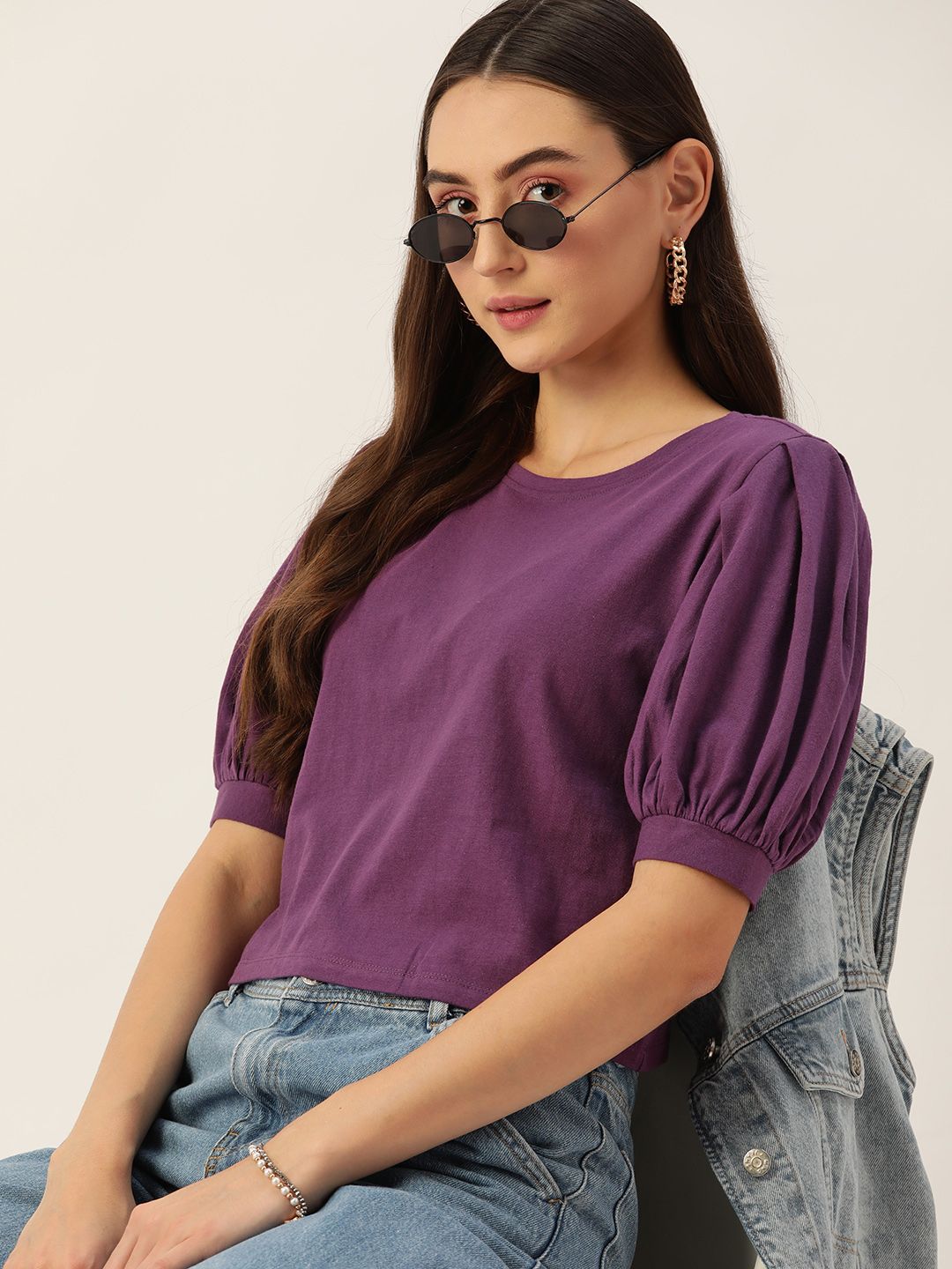 DressBerry Violet Solid Puff Sleeves Top Price in India