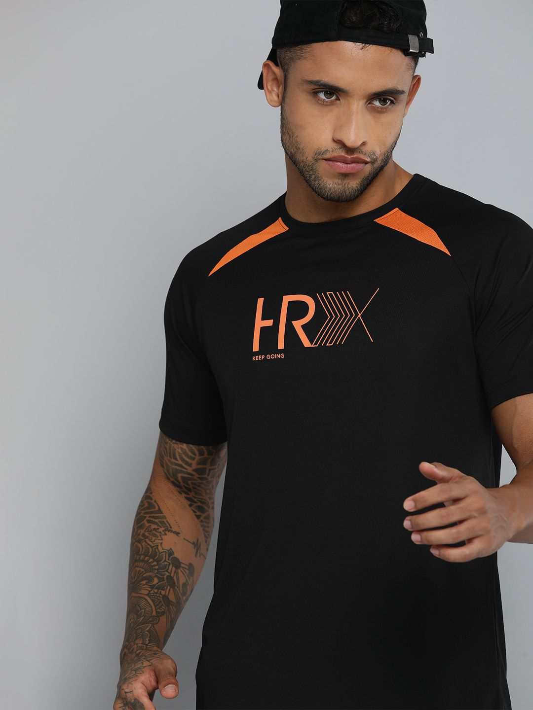 HRX by Hrithik Roshan Men Black & Orange Typography Printed Rapid Dry T-shirt