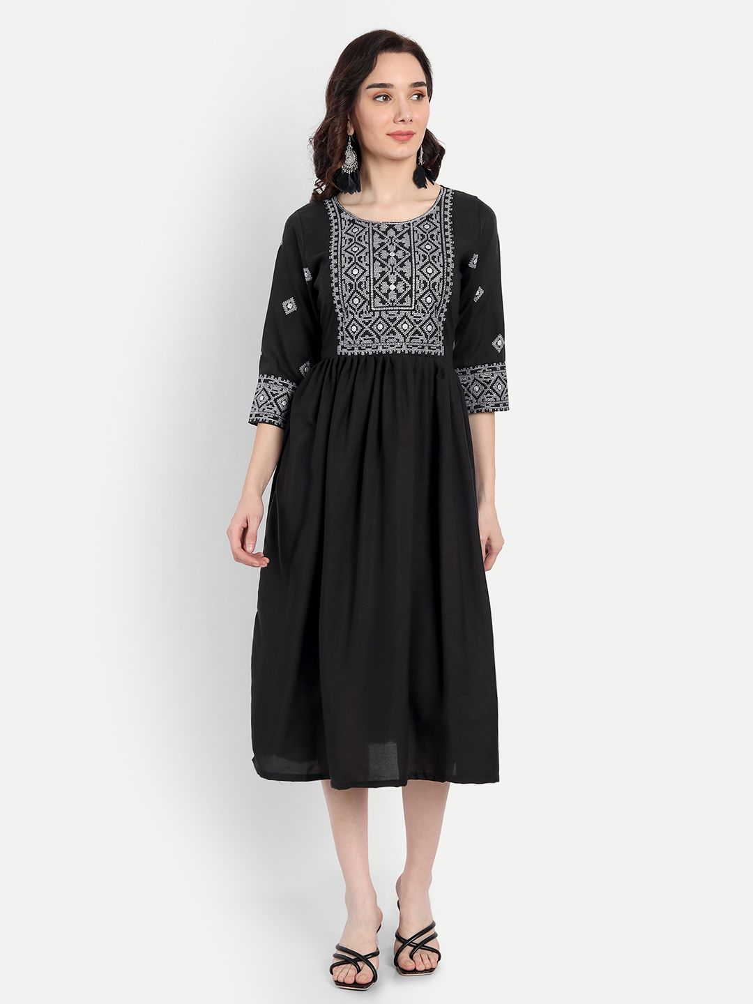 RUHI FASHION Black Ethnic Motifs Embroidered Midi Dress Price in India