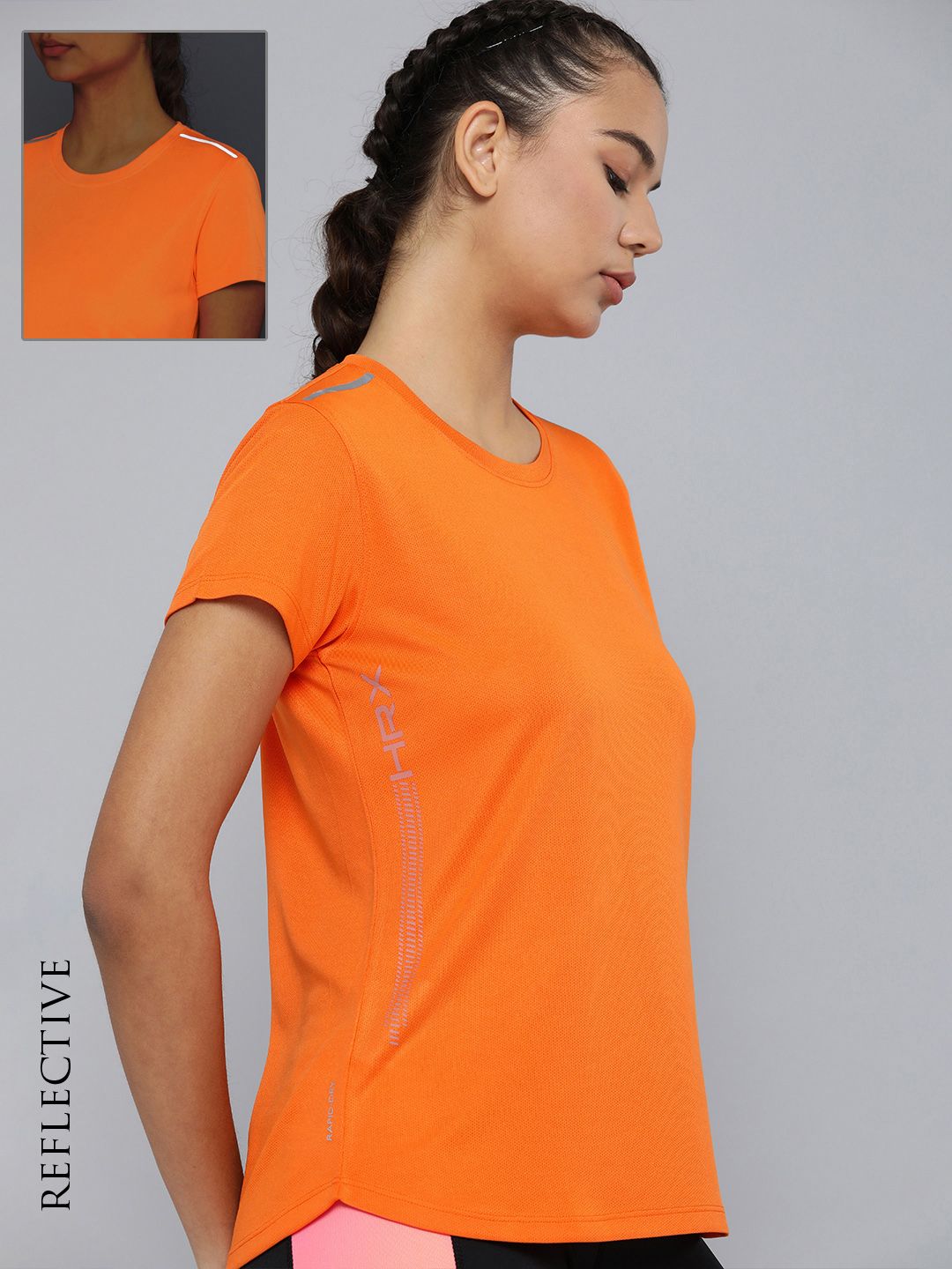 HRX by Hrithik Roshan Women Orange Printed Rapid-Dry T-shirt with Reflective Strips Price in India