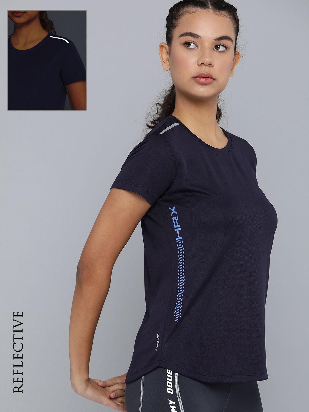 HRX by Hrithik Roshan Women Navy Blue Printed Rapid-Dry T-shirt with Reflective Strips Price in India