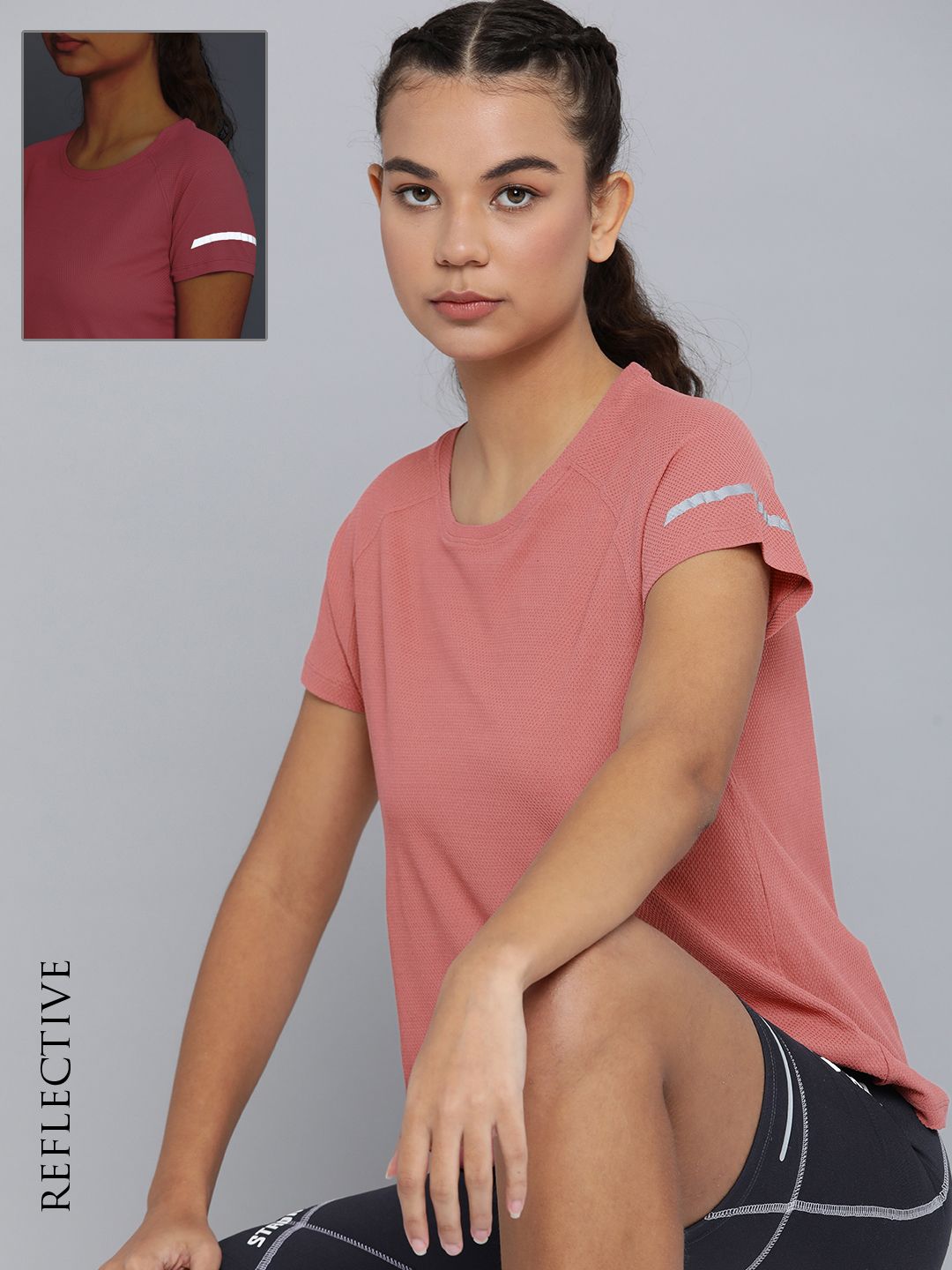HRX by Hrithik Roshan Women Rose-Coloured Printed Rapid-Dry T-shirt with Reflective Strips Price in India