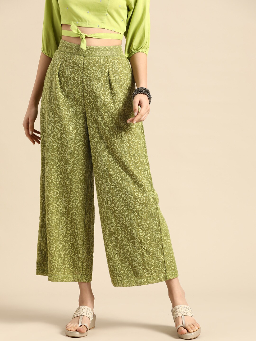 Sangria Women Olive Green Ethnic Motifs Embroidered Cropped Palazzos Price in India