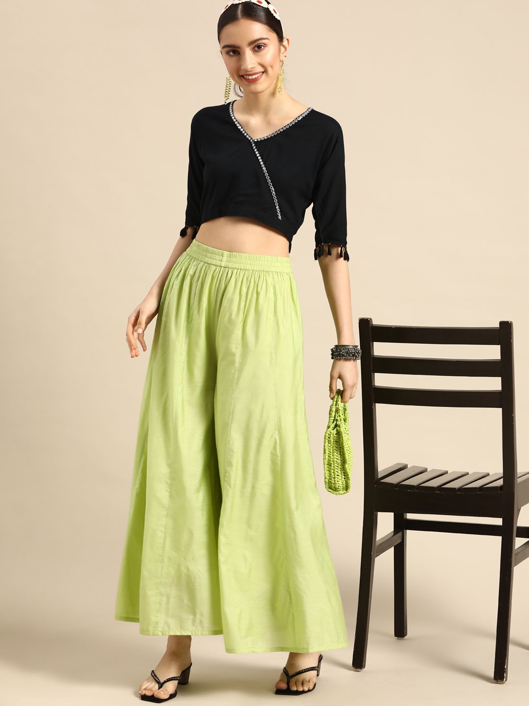 Sangria Women Lime Green Flared Ethnic Palazzos Price in India
