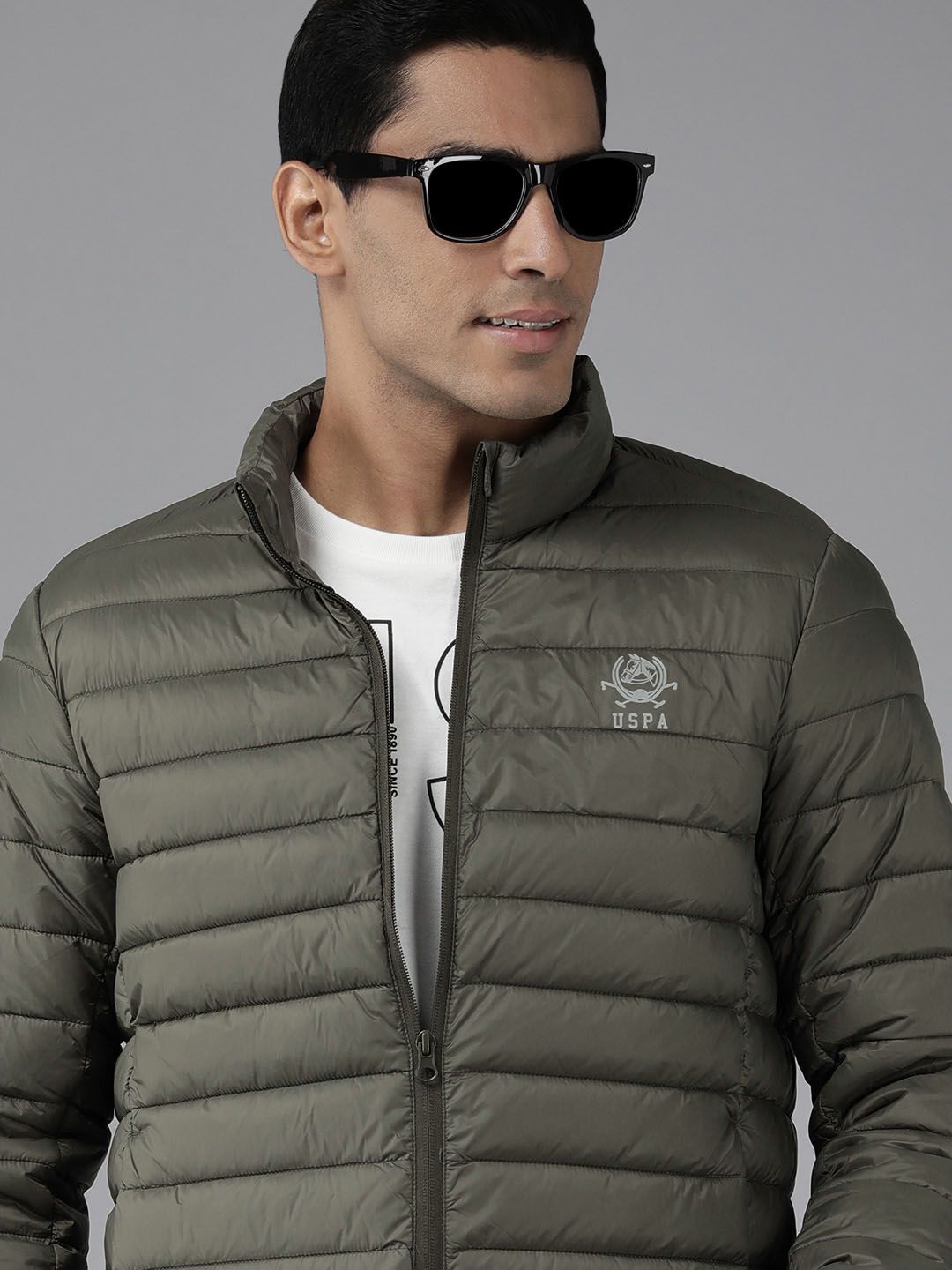 U.S. Polo Assn. U S Polo Assn Men Grey Solid Casual Padded Jacket