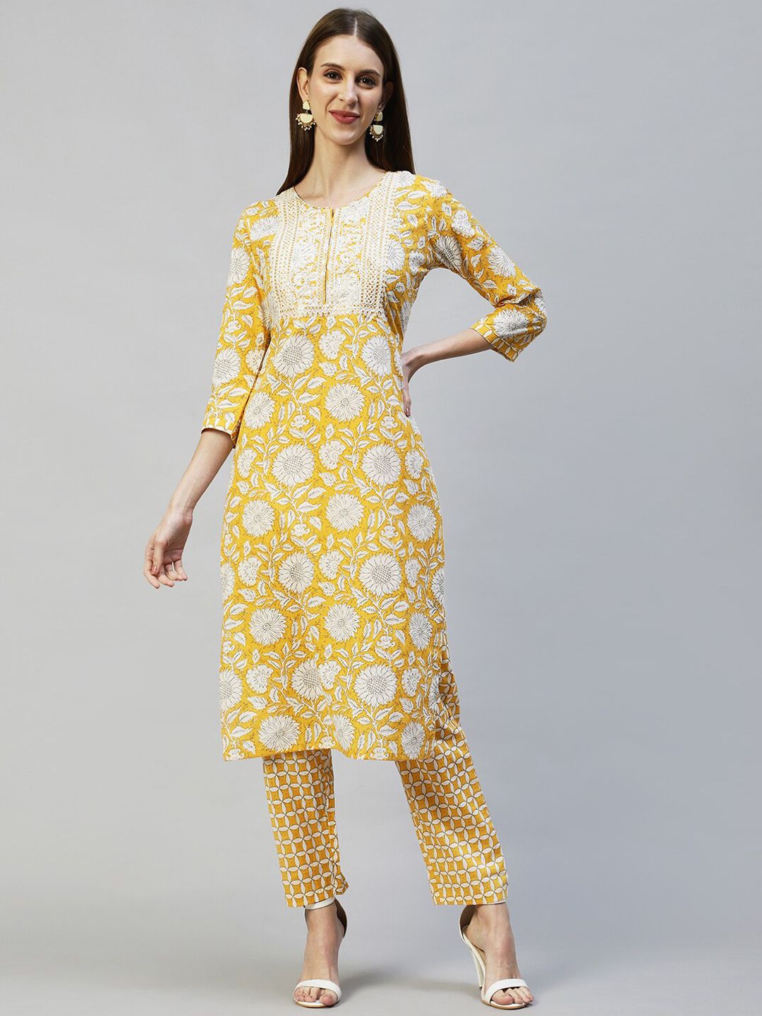 FASHOR Women Yellow Printed & Thread Work Pure Cotton Kurta with Trousers Price in India