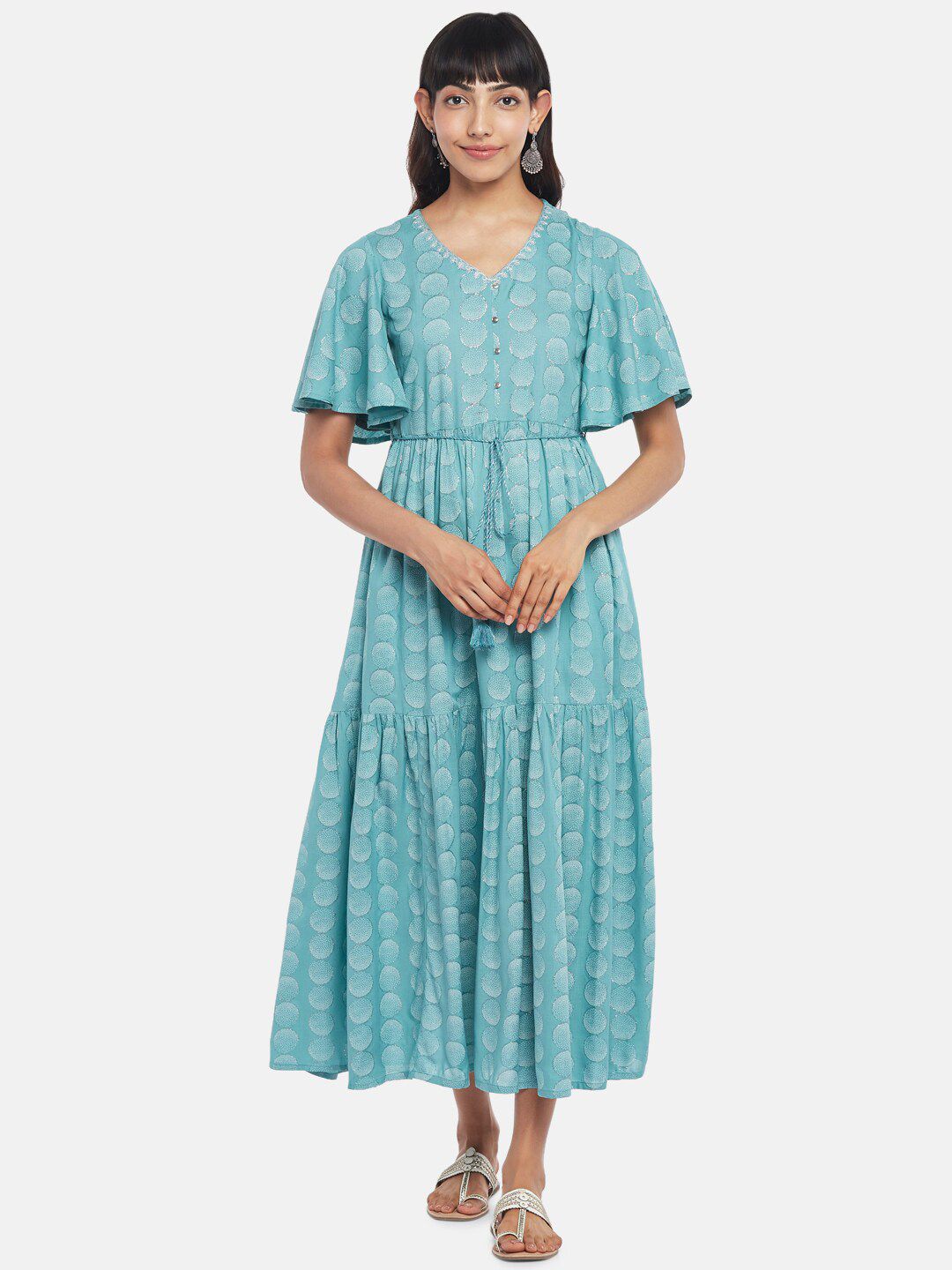 AKKRITI BY PANTALOONS Turquoise Blue Ethnic Motifs Ethnic Midi Dress Price in India