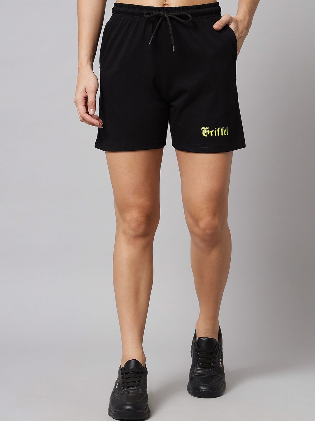 GRIFFEL Women Black Loose Fit Cotton Sports Shorts Price in India