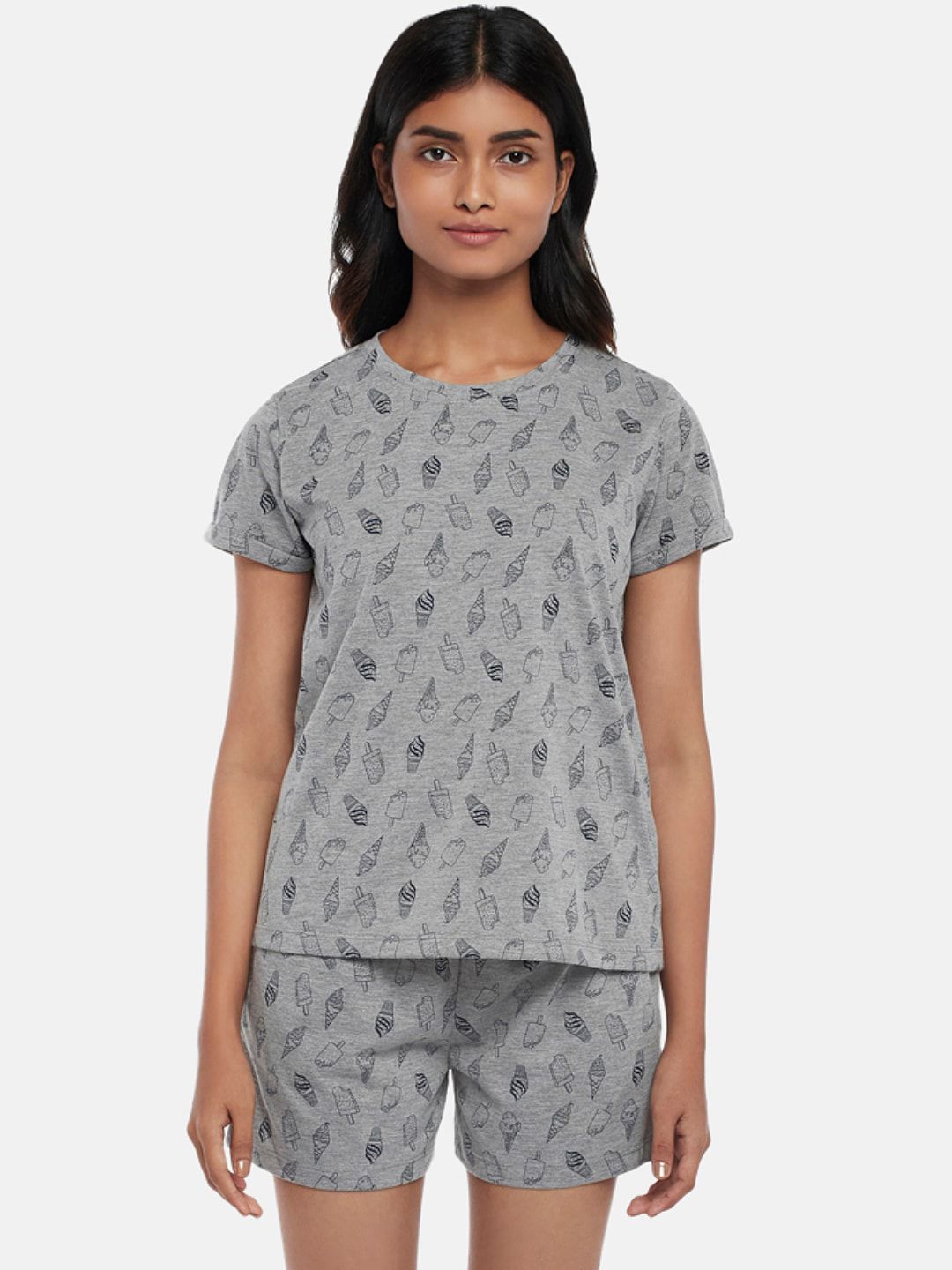 Dreamz by Pantaloons Women Grey Melange Printed Night suit Price in India