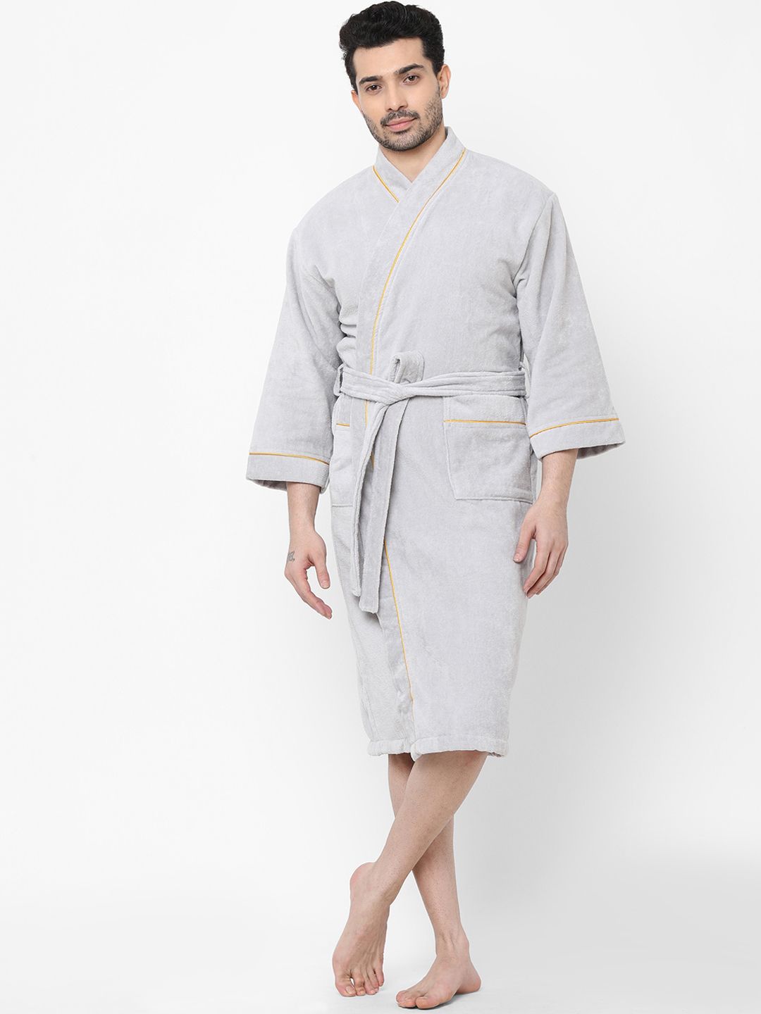SPACES Silver Solid Pure Cotton 380 GSM Quick Dry Ultra Soft Bath Robe (Extra Large) Price in India