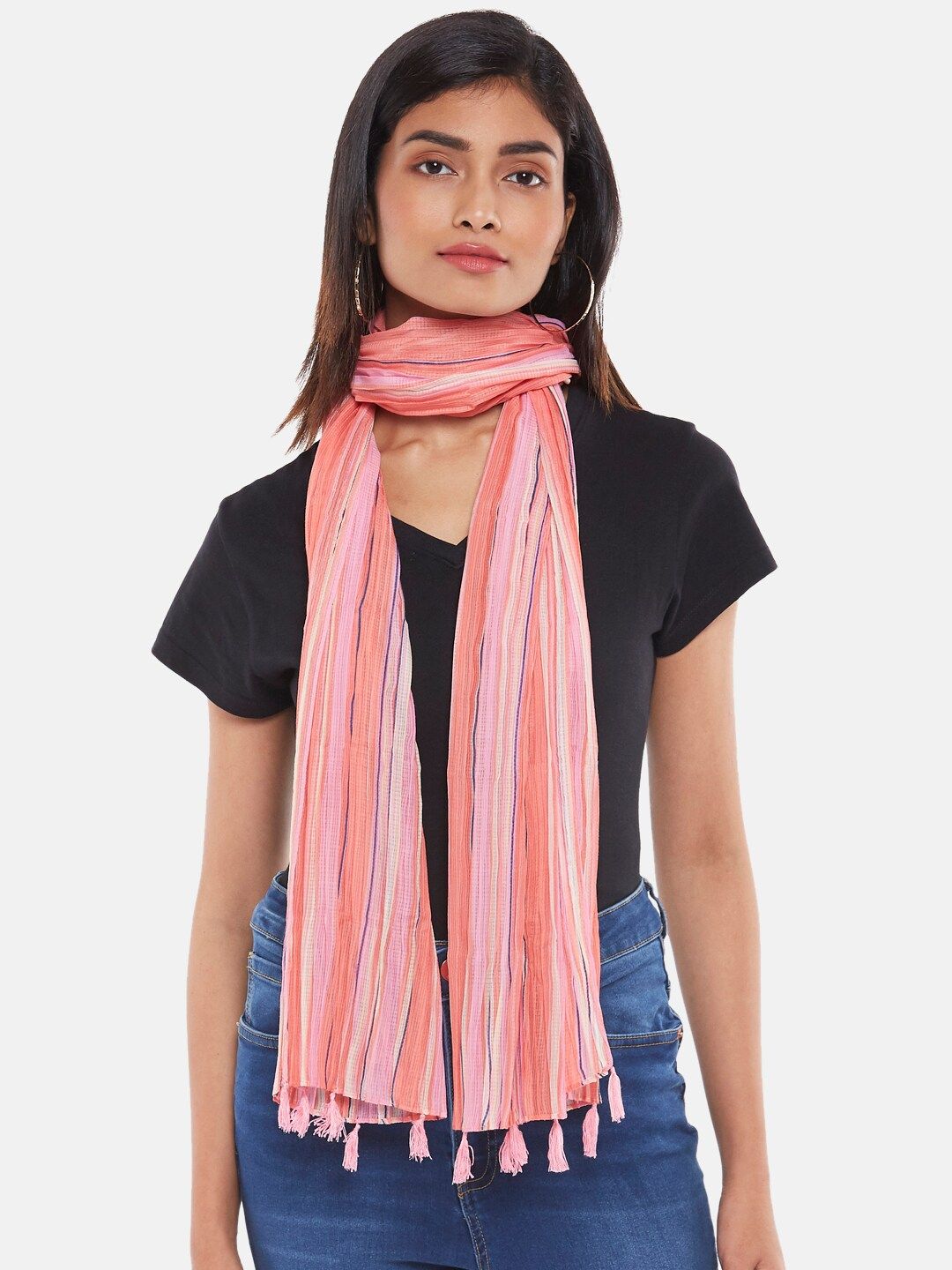 Honey by Pantaloons Women Coral & Pink Striped Scarf Price in India
