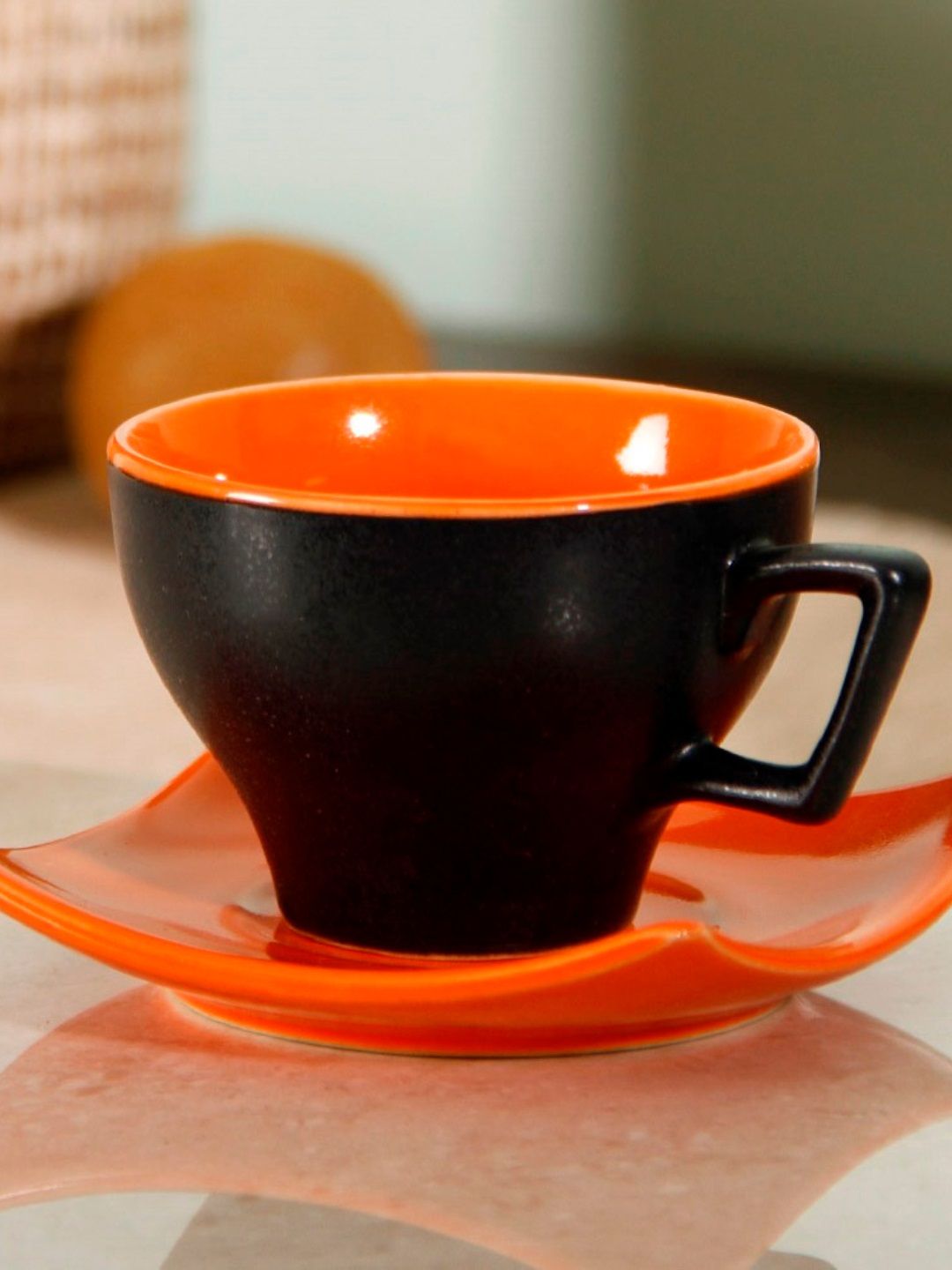 Unravel India Black & Orange Set Of 6 Stoneware Matt Cup Saucer Price in India