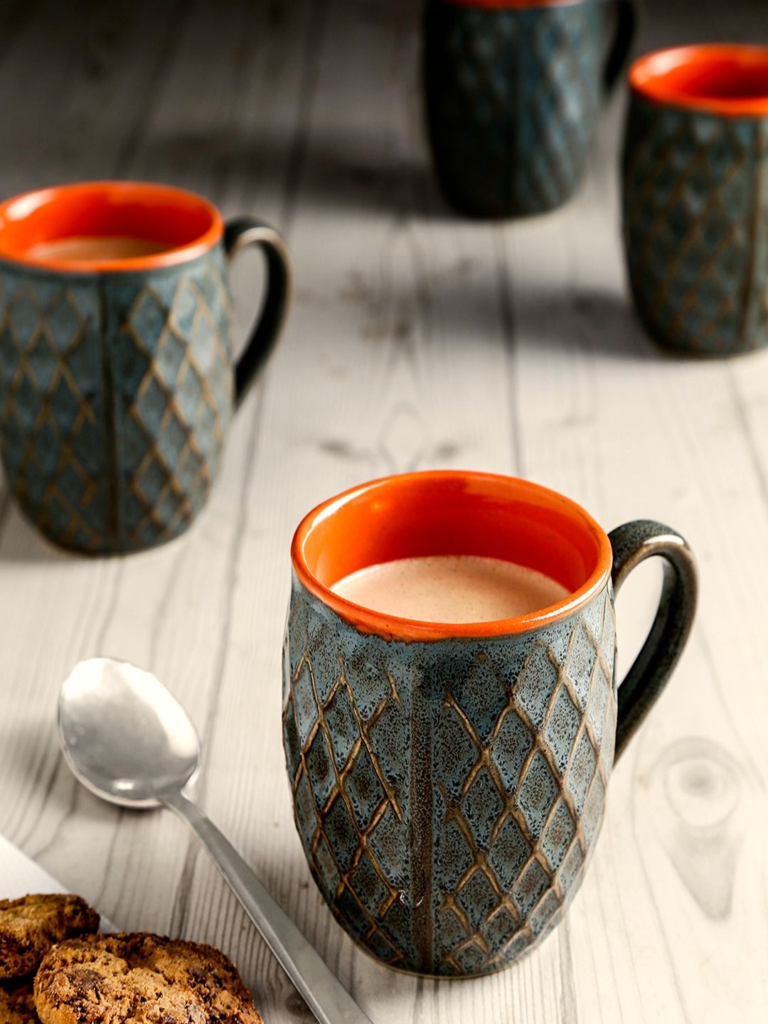 Unravel Grey & Orange Set Of 6 Stoneware Handcrafted Coffee Mugs Price in India