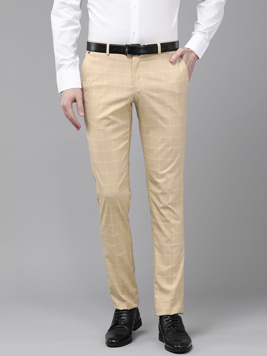 Blackberrys Men Beige & White Checked Skinny Fit Trousers