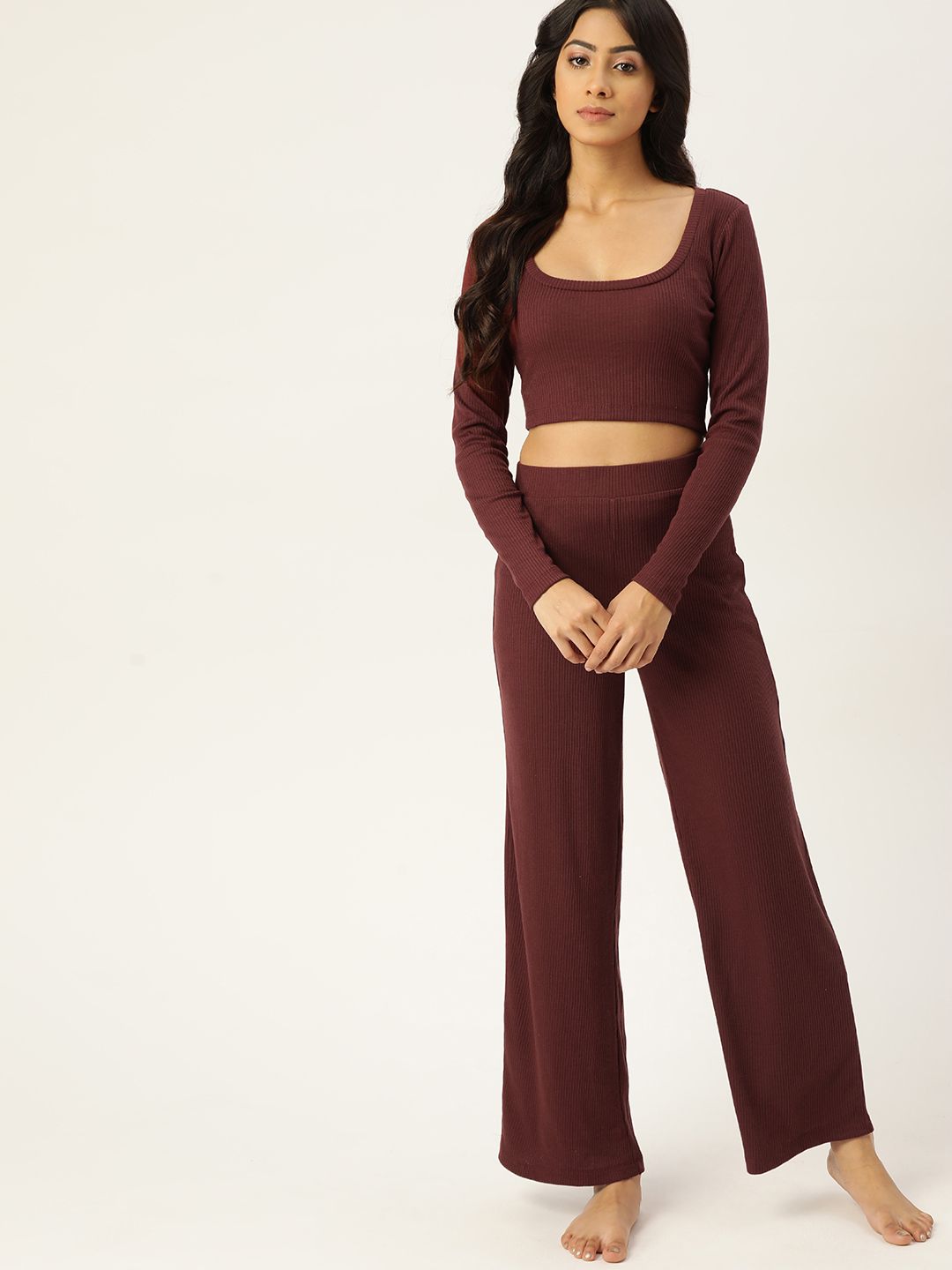 ETC Women Burgundy Rib Knit Cotton Night suit Price in India