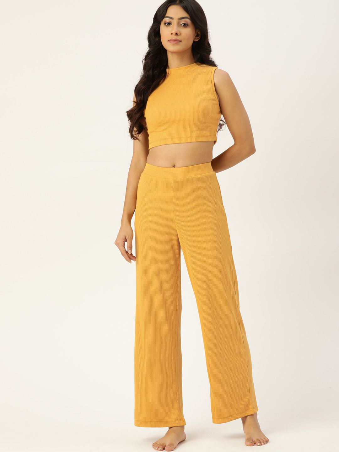 ETC Women Mustard Yellow Rib Knit Cotton Crop Top Pant Set Price in India