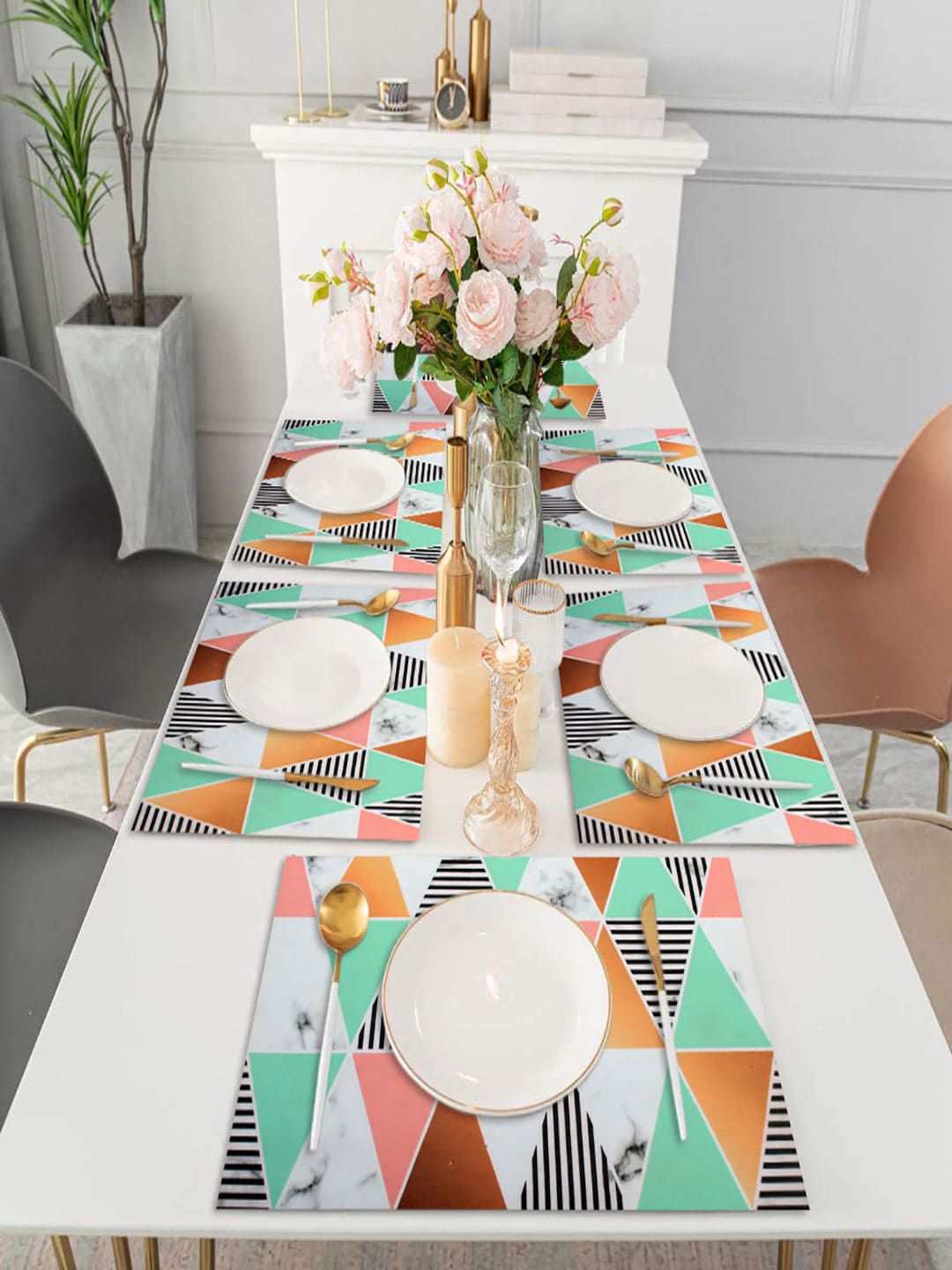 LUXEHOME INTERNATIONAL Set Of 6 Peach, Orange Triangle Printed Table Placemats Price in India