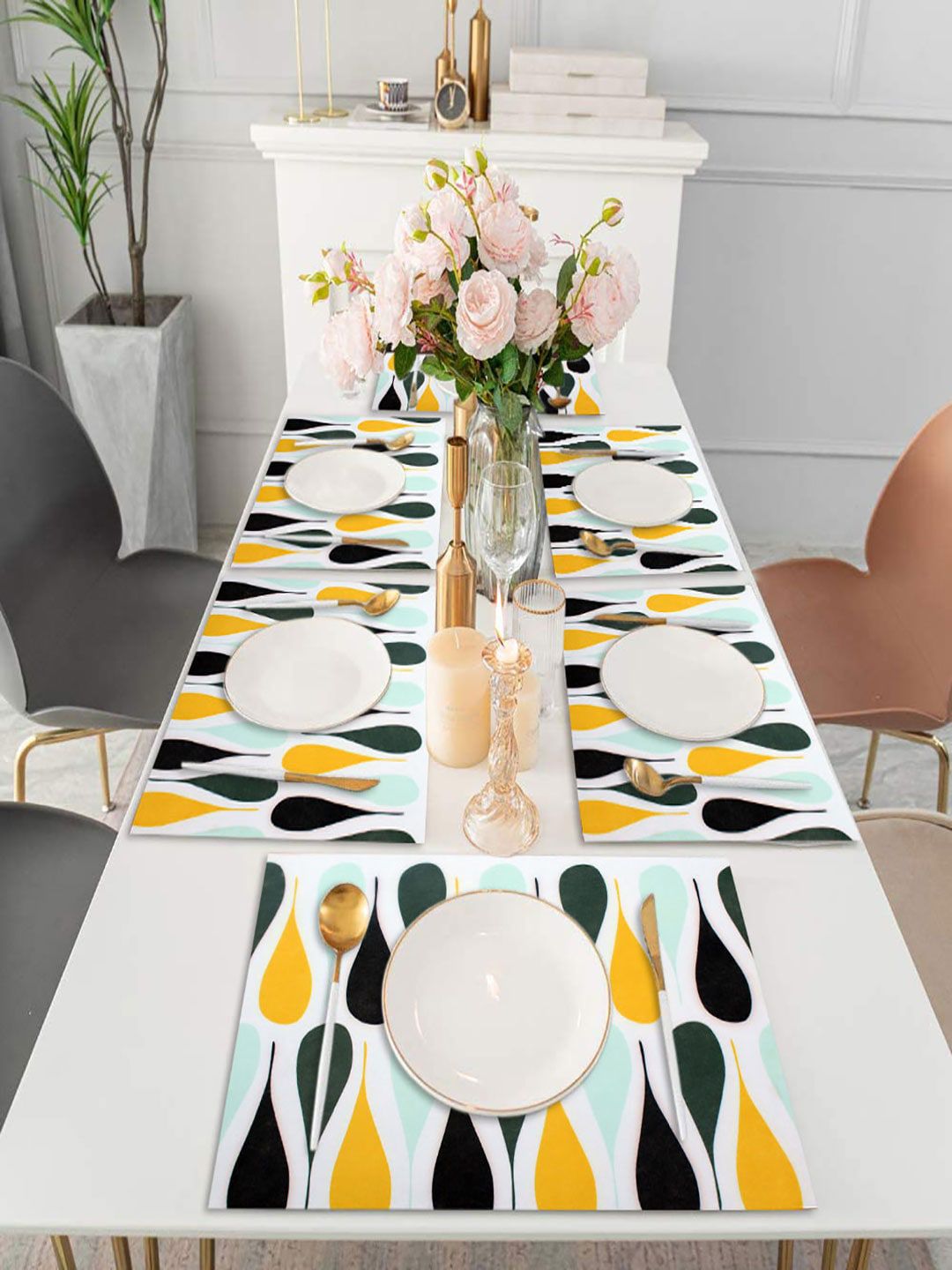 LUXEHOME INTERNATIONAL Set of 6 Black & Yellow Printed Table Placemats Price in India