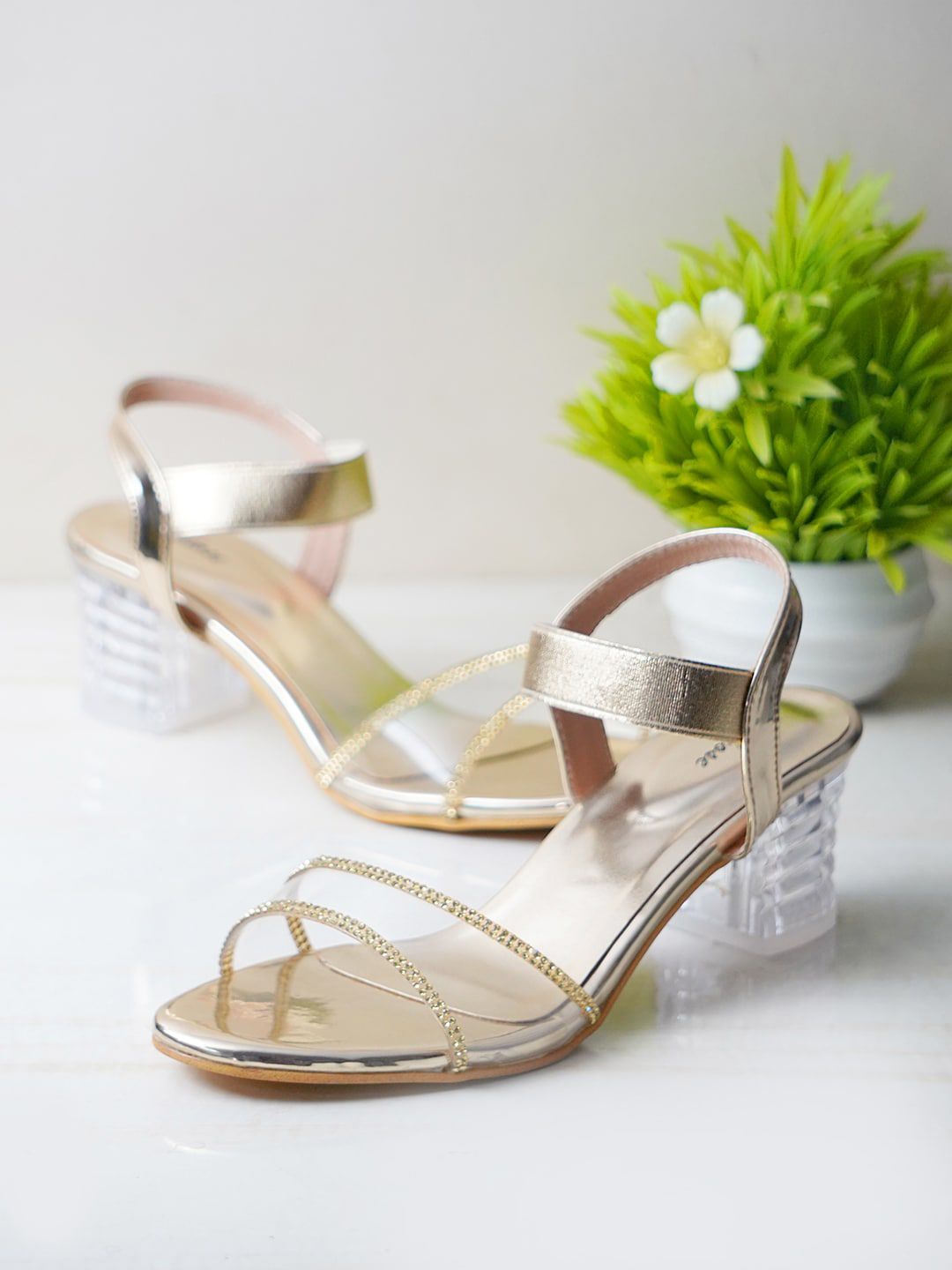Sanhose Gold-Toned Women Embellished Party transparent Block Sandals with Buckles Price in India