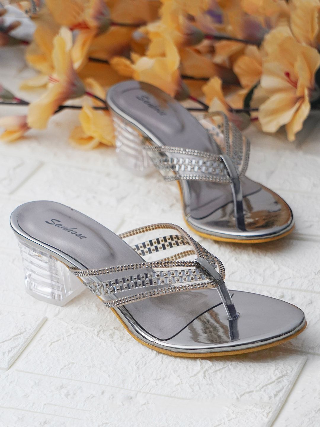 Sanhose Grey Embellished Ethnic Block Sandals Price in India