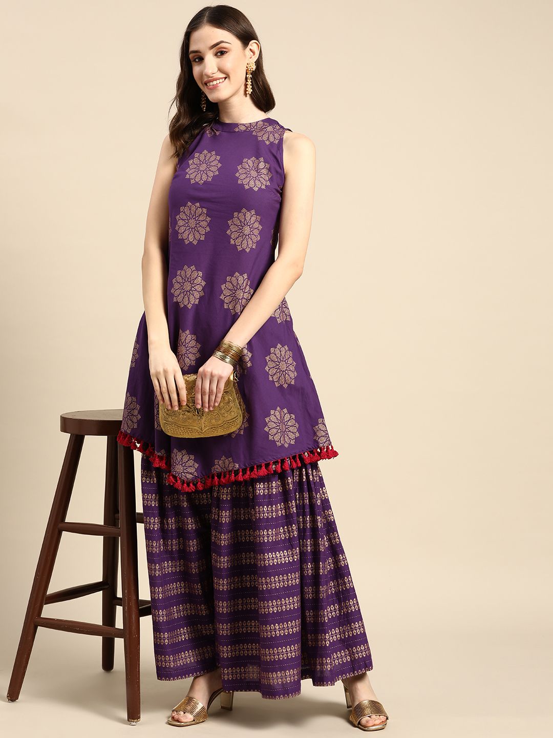 Sangria Women Purple & Golden Ethnic Motifs Printed Pure Cotton Kurta with Sharara Price in India