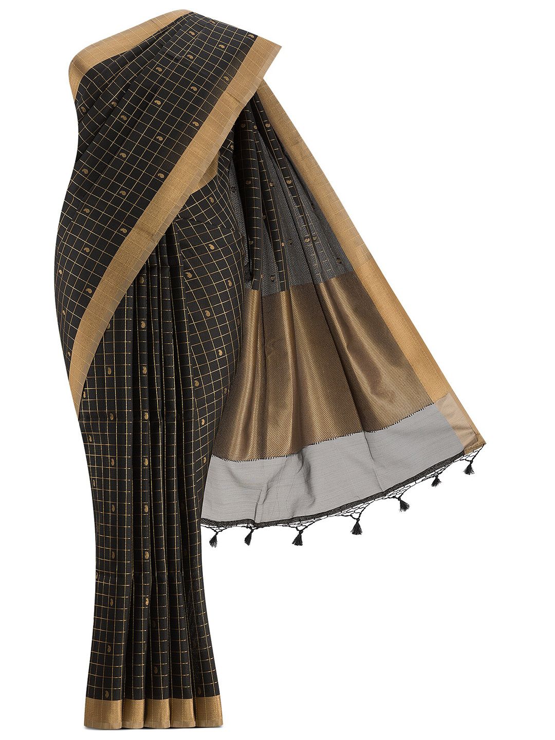 Nalli Next Black & Gold-Toned Checked Zari Silk Cotton Saree