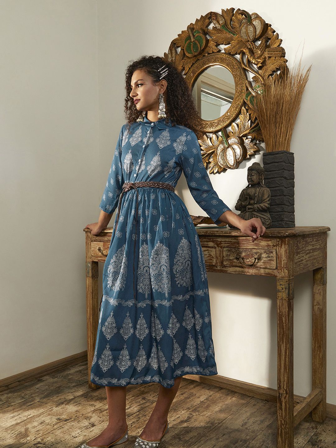Sangria Women Teal Blue & Golden Ethnic Motif Printed A-Line Midi Dress Price in India