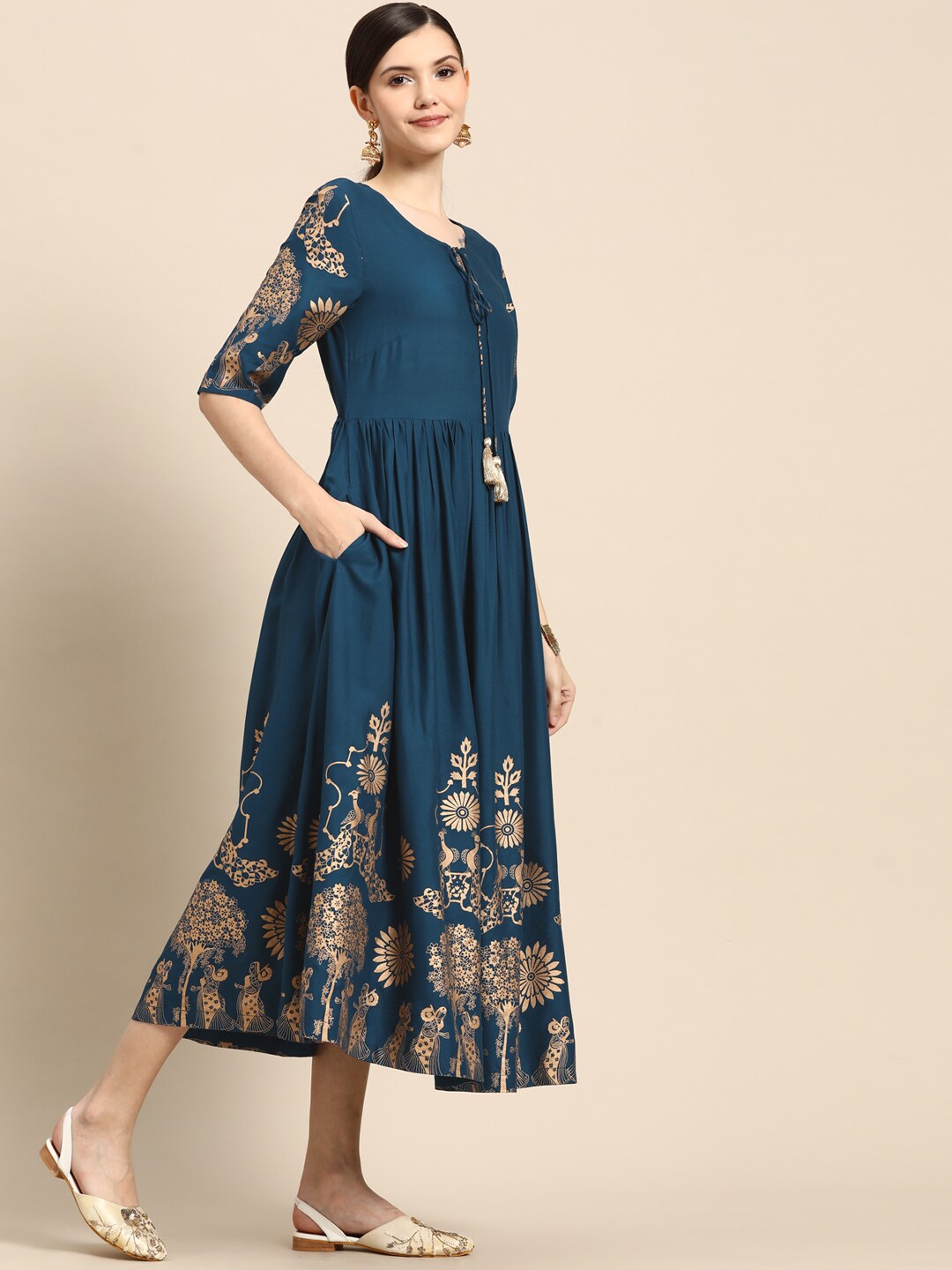 Sangria Blue & Golden Ethnic Motifs Ethnic A-Line Midi Dress Price in India