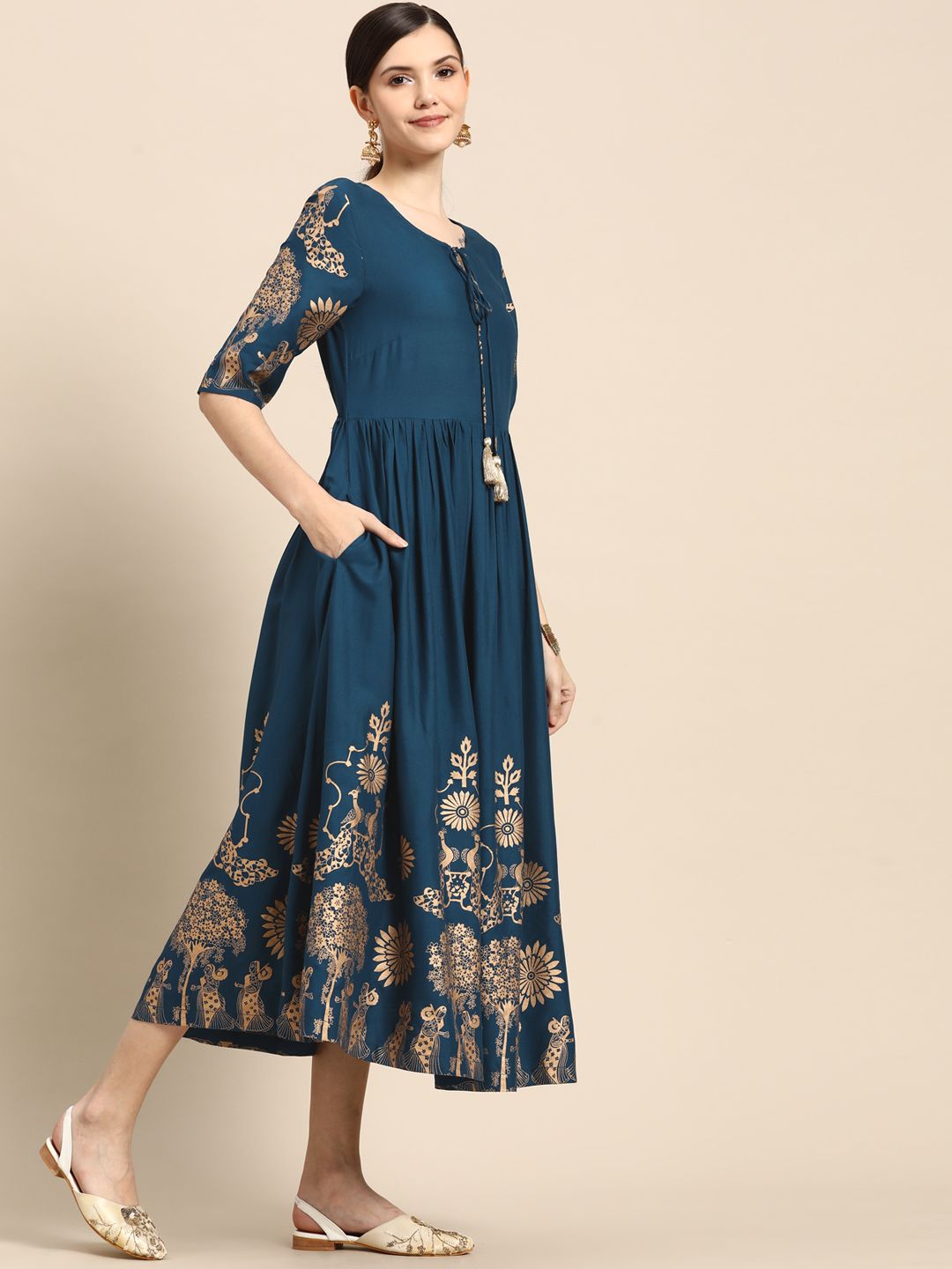 Sangria Blue & Golden Ethnic Motifs Ethnic A-Line Midi Dress Price in India