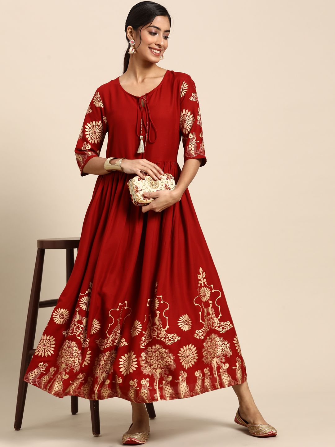 Sangria Maroon & Golden Ethnic Motifs Ethnic A-Line Midi Dress Price in India