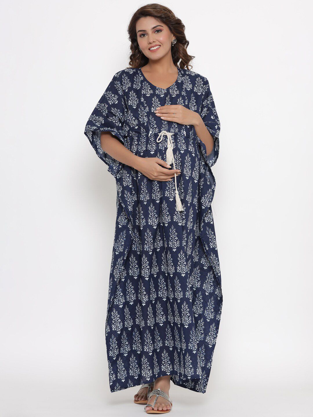 Ikk Kudi by Seerat Blue Printed Pure Cotton Maternity & Nursing Kaftan Maxi Nightdress