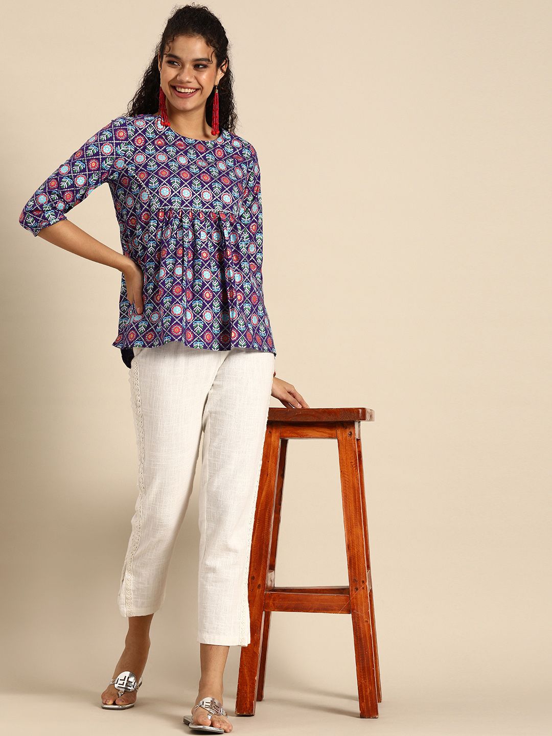 Sangria Blue Ethnic Print Pleated Pure Cotton A-line Top Price in India