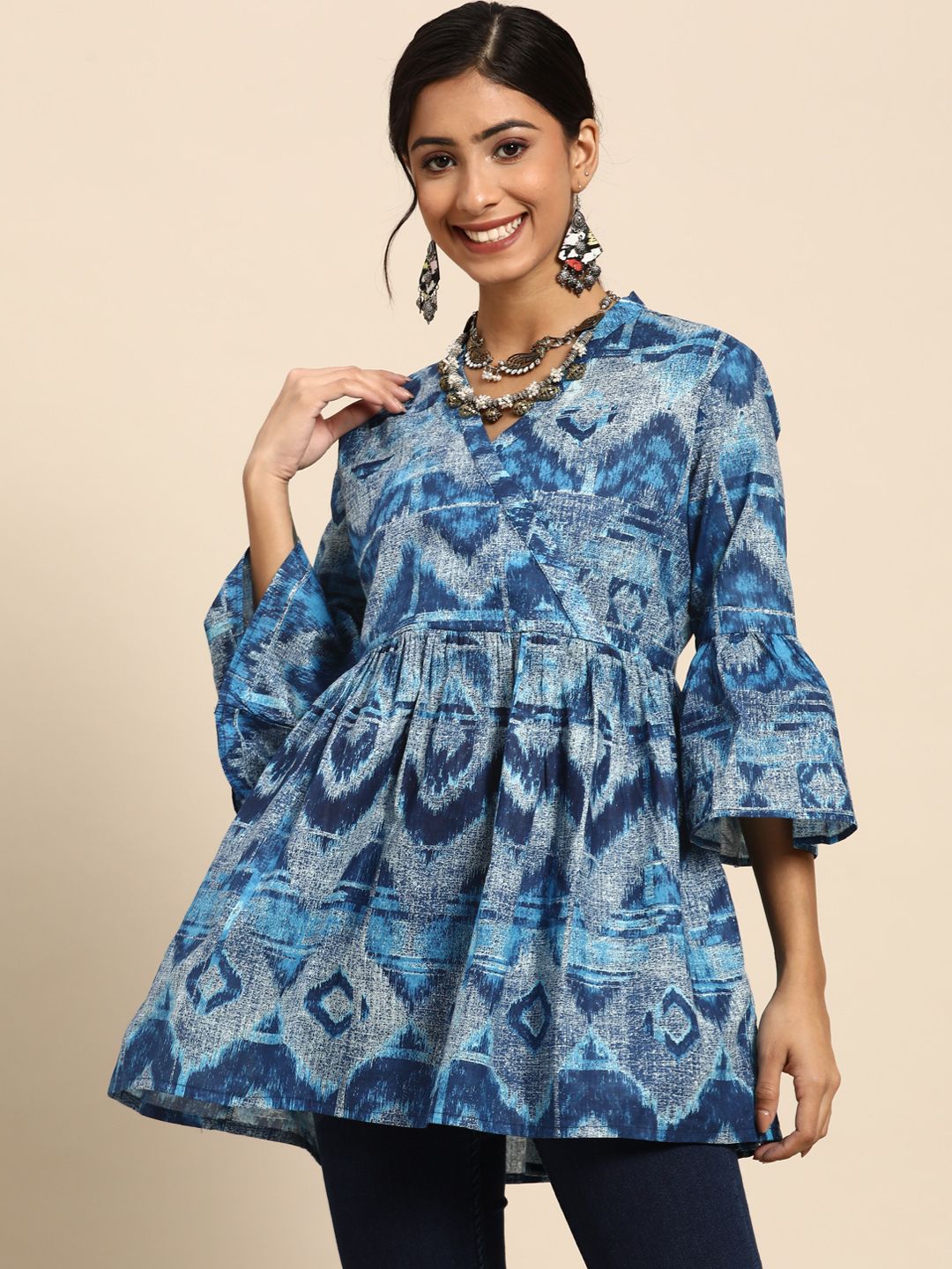 Sangria Navy Blue Print Pure Cotton Abstract Printed Top Price in India
