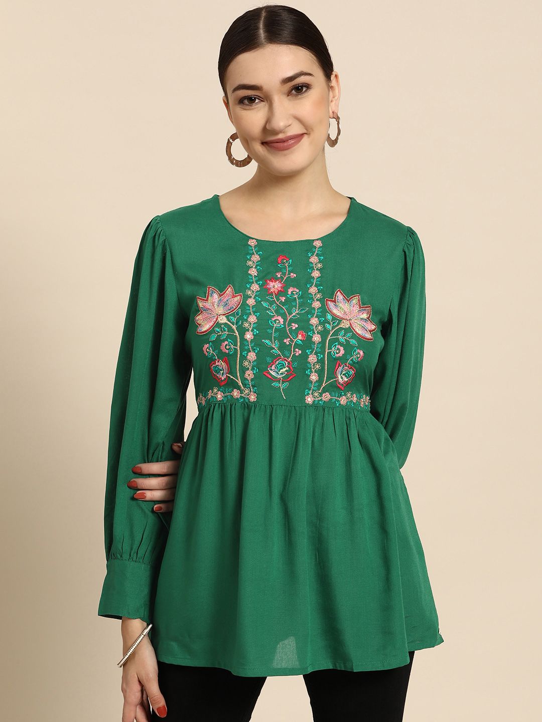 Sangria Green Ethnic Motifs Embroidered Longline Top Price in India