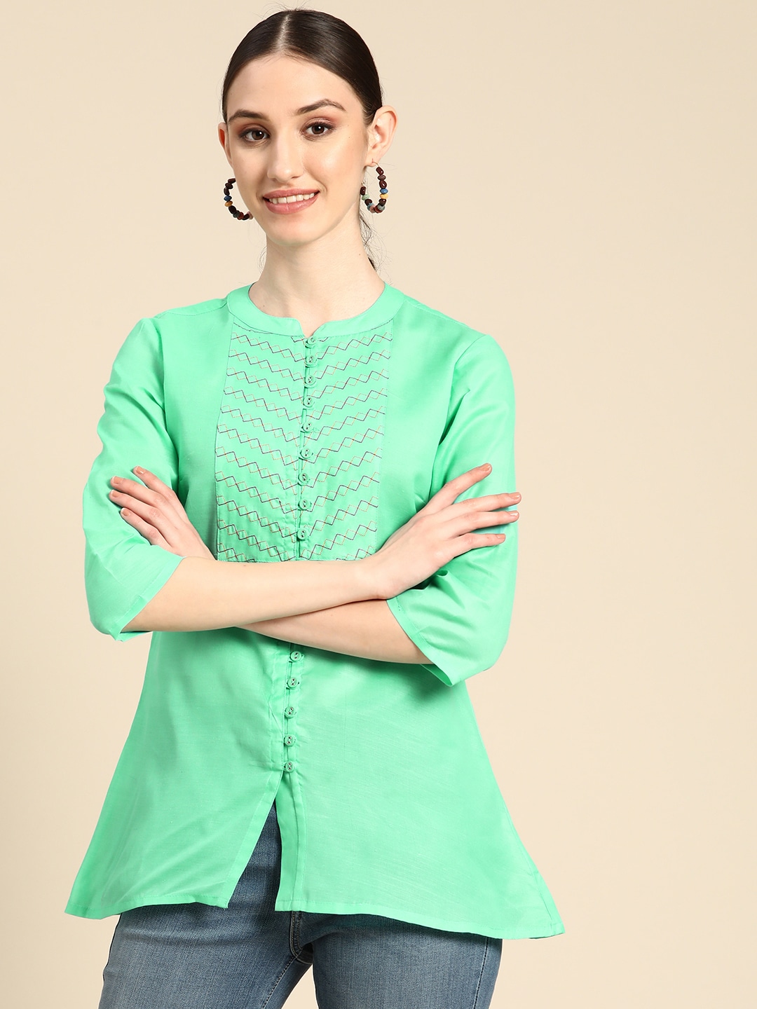 Sangria Green Geometric Embroidered Mandarin Collar Ethnic Top Price in India