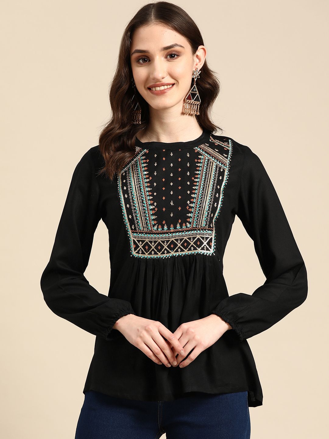 Sangria Yoke Embroidered A-Line Top