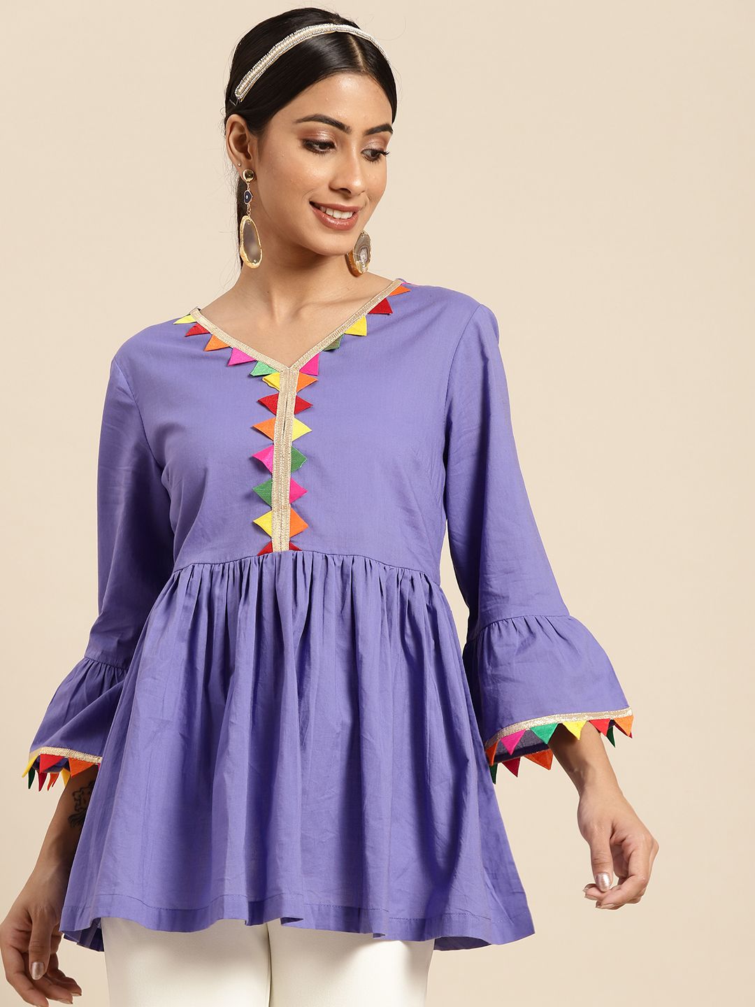 Sangria Women Purple Gotta Patti Detail Pure Cotton Longline A-Line Top Price in India