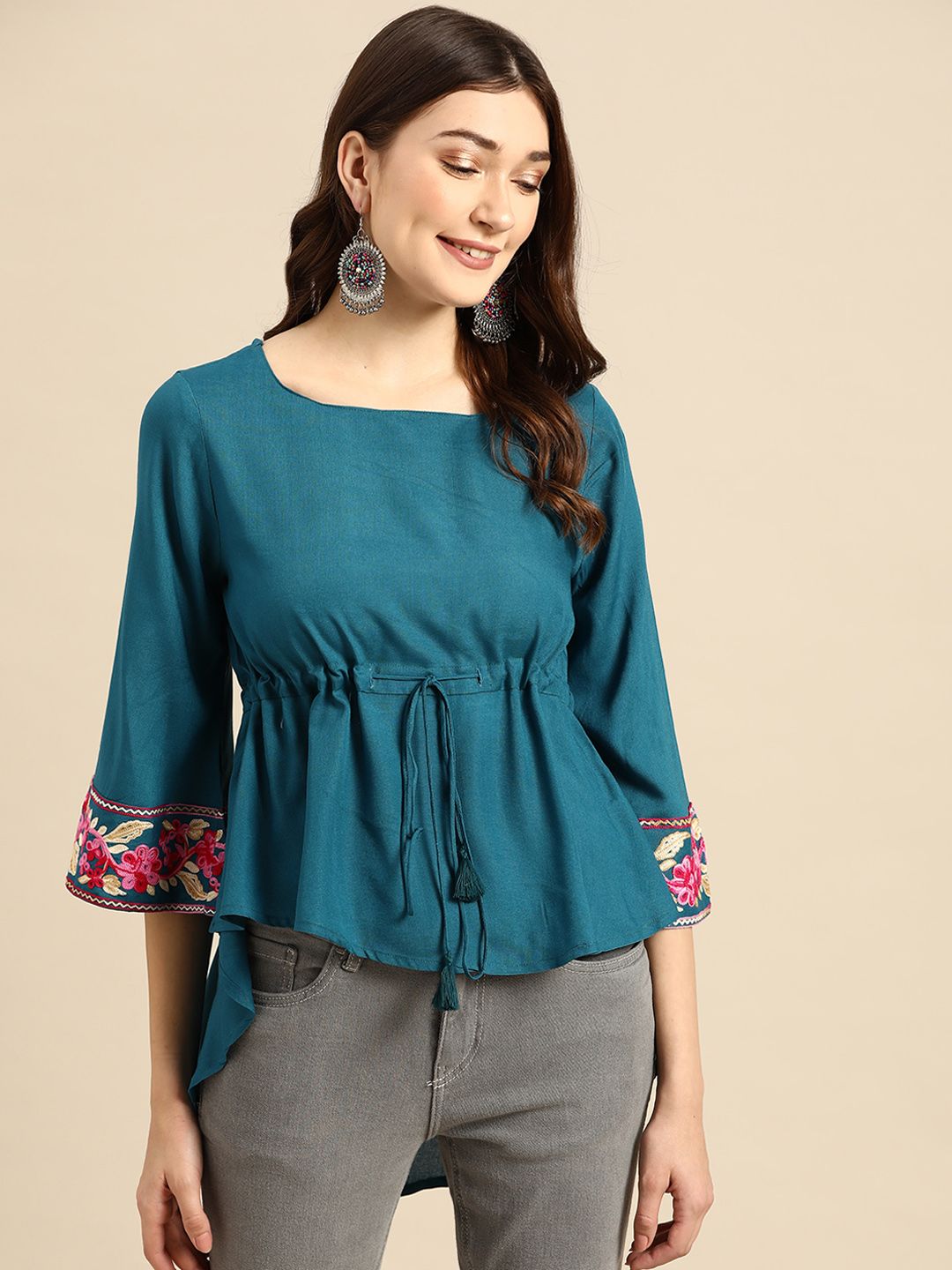 Sangria Blue Tie-up Detail Empire Top Price in India