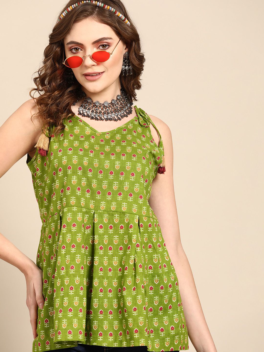 Sangria Women Olive Green & White Ethnic Print Cotton Shoulder Straps A-line Top Price in India