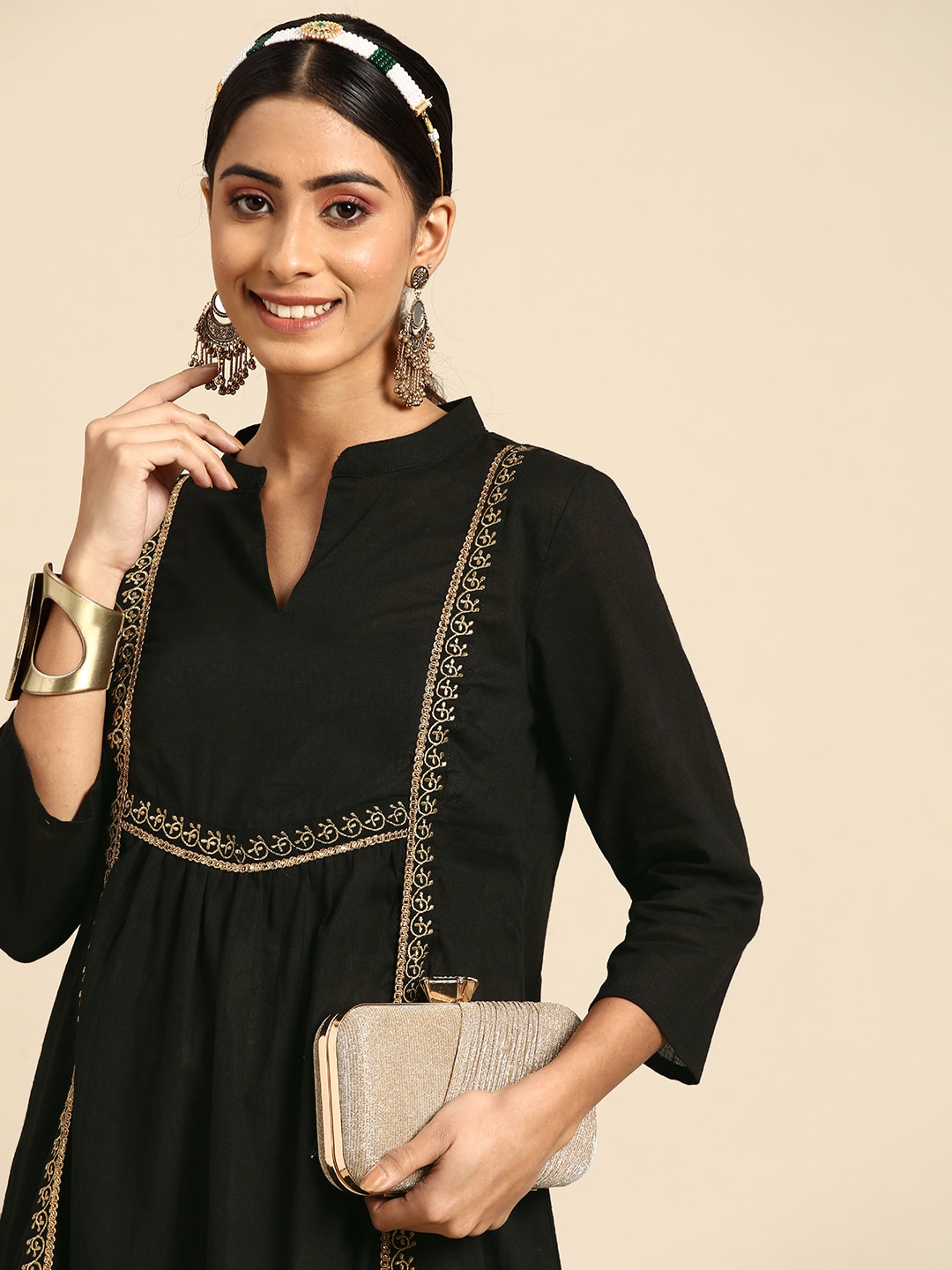 Sangria Black & Golden Embroidered Pure Cotton Tunic Price in India