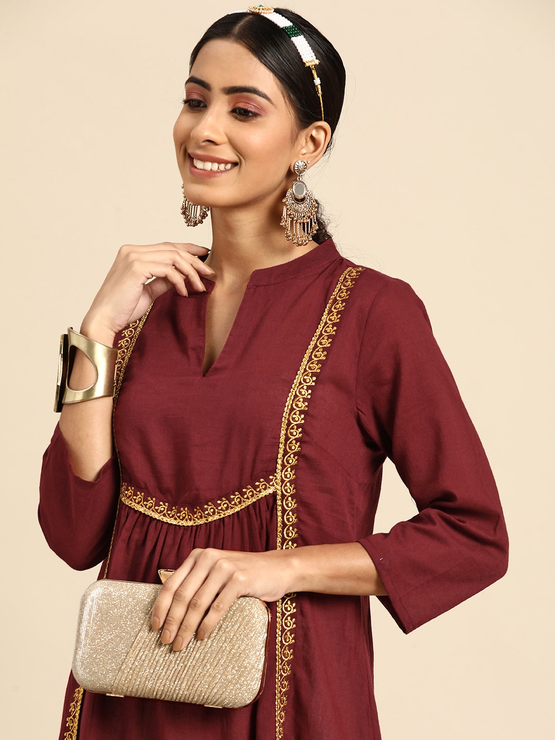 Sangria Maroon & Golden Embroidered Pure Cotton Tunic Price in India
