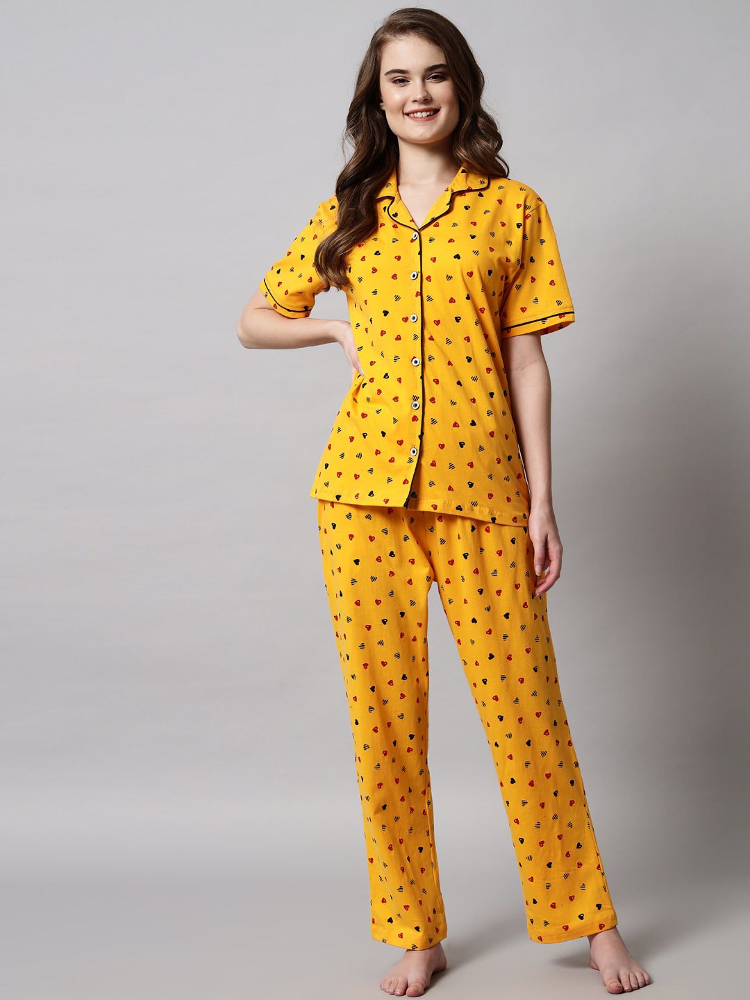 SEPHANI Women Yellow & Black Printed Night suit Price in India