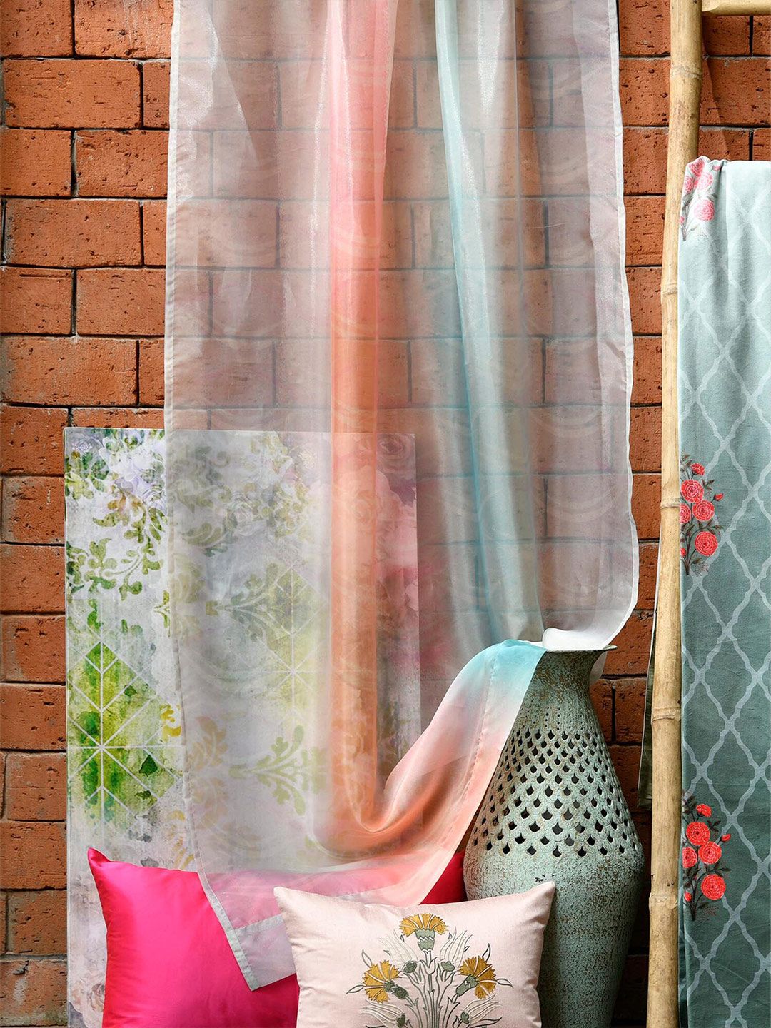 ZEBA Sheer 100% Polyester Organza Pink & Green Door Curtain Price in India