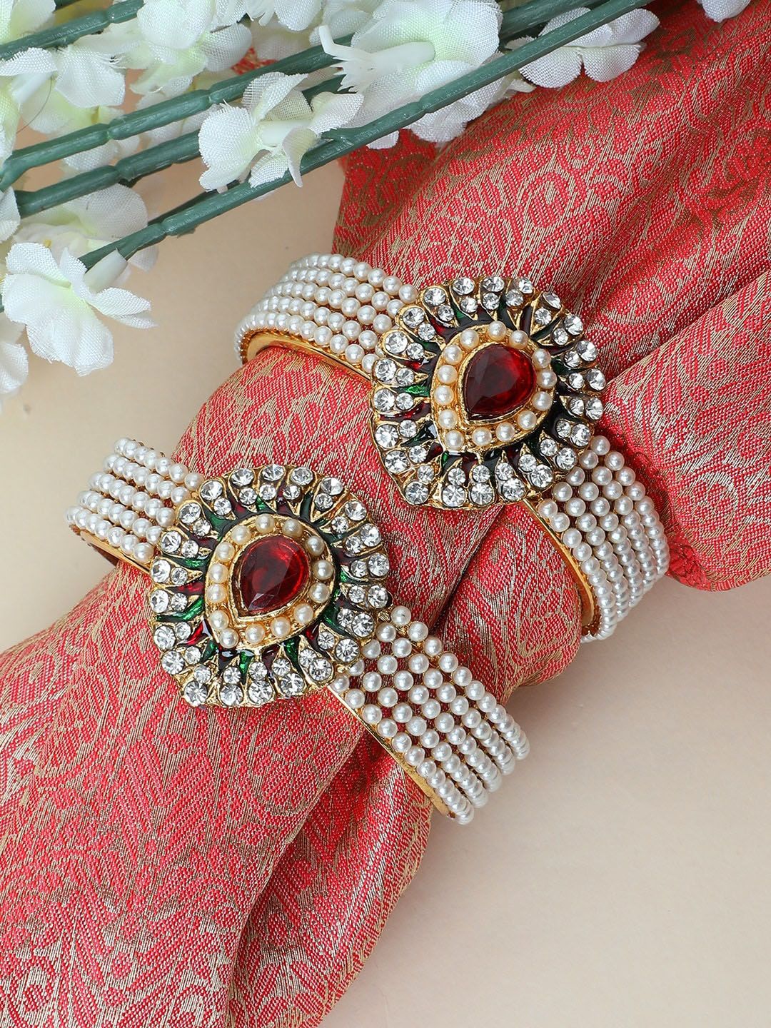 ANIKAS CREATION Women Set of 2 Gold-Toned & White Cubic Zirconia Gold-Plated Kada Bracelet Price in India
