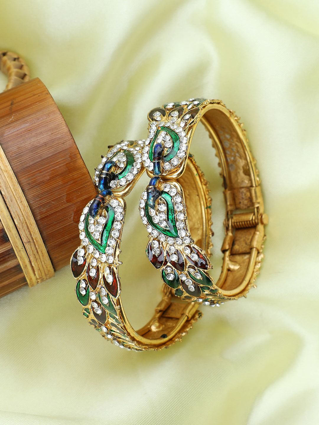 ANIKAS CREATION Women 2 Gold-Toned & White Cubic Zirconia Meenakari Gold-Plated Kada Bracelet Price in India