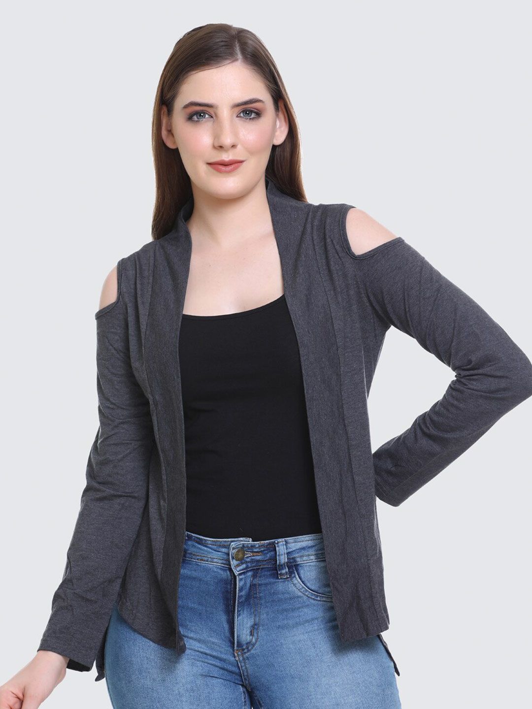 Skidlers Women Dark Grey Solid Longline Shrug Price in India